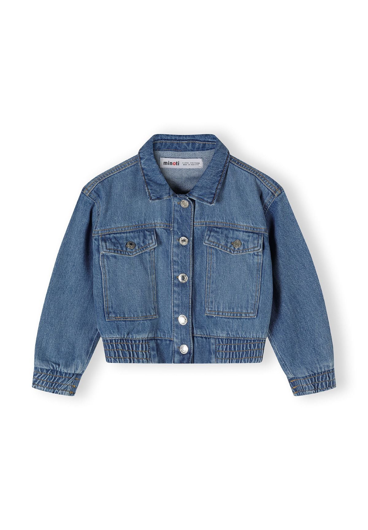 Girls cropped denim bomber jacket in navy, front view with button fastening and two flap pockets.