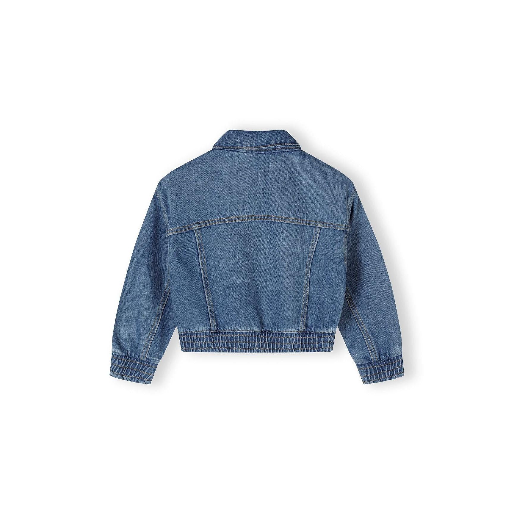 Navy cropped denim jacket back view showing bomber-style silhouette with elasticated hem and cuffs on white background