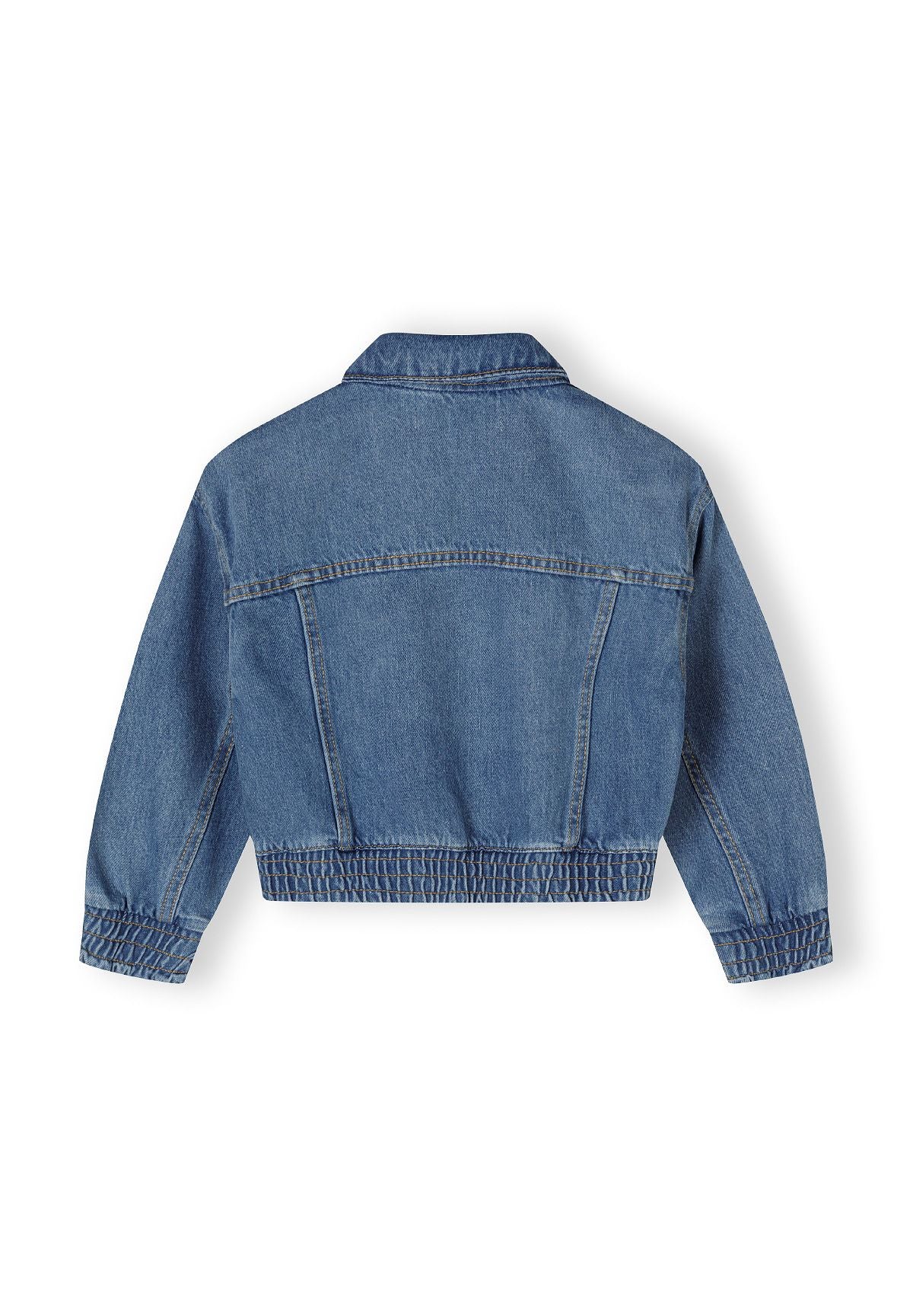 Back of a blue denim jacket.