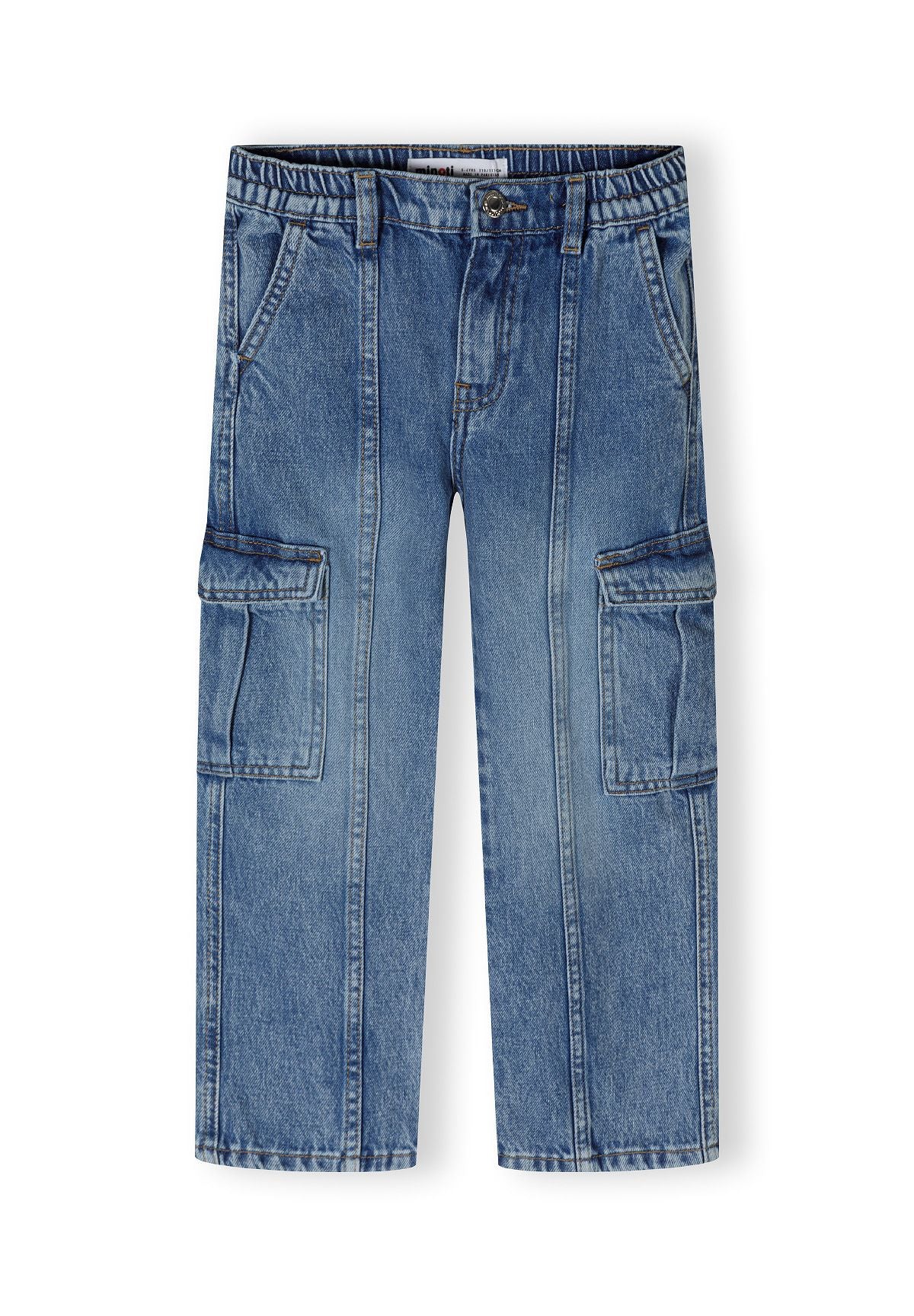 Blue cargo jeans, front.