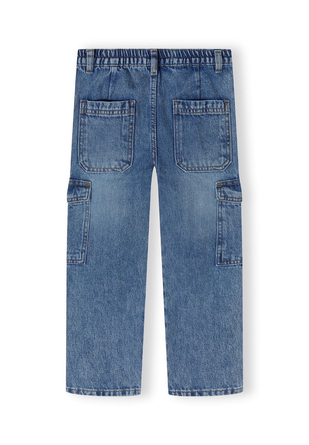 Girls navy denim cargo jeans, back view with multiple pockets.
