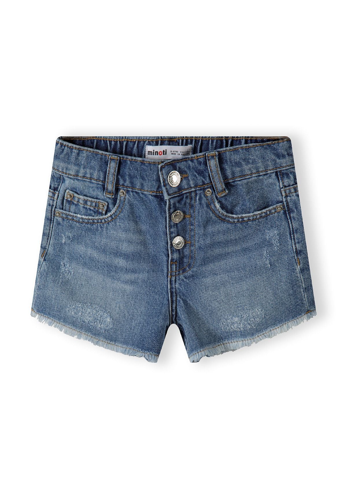 Girls denim shorts in navy with frayed hems, front view, featuring button fastening and pockets.
