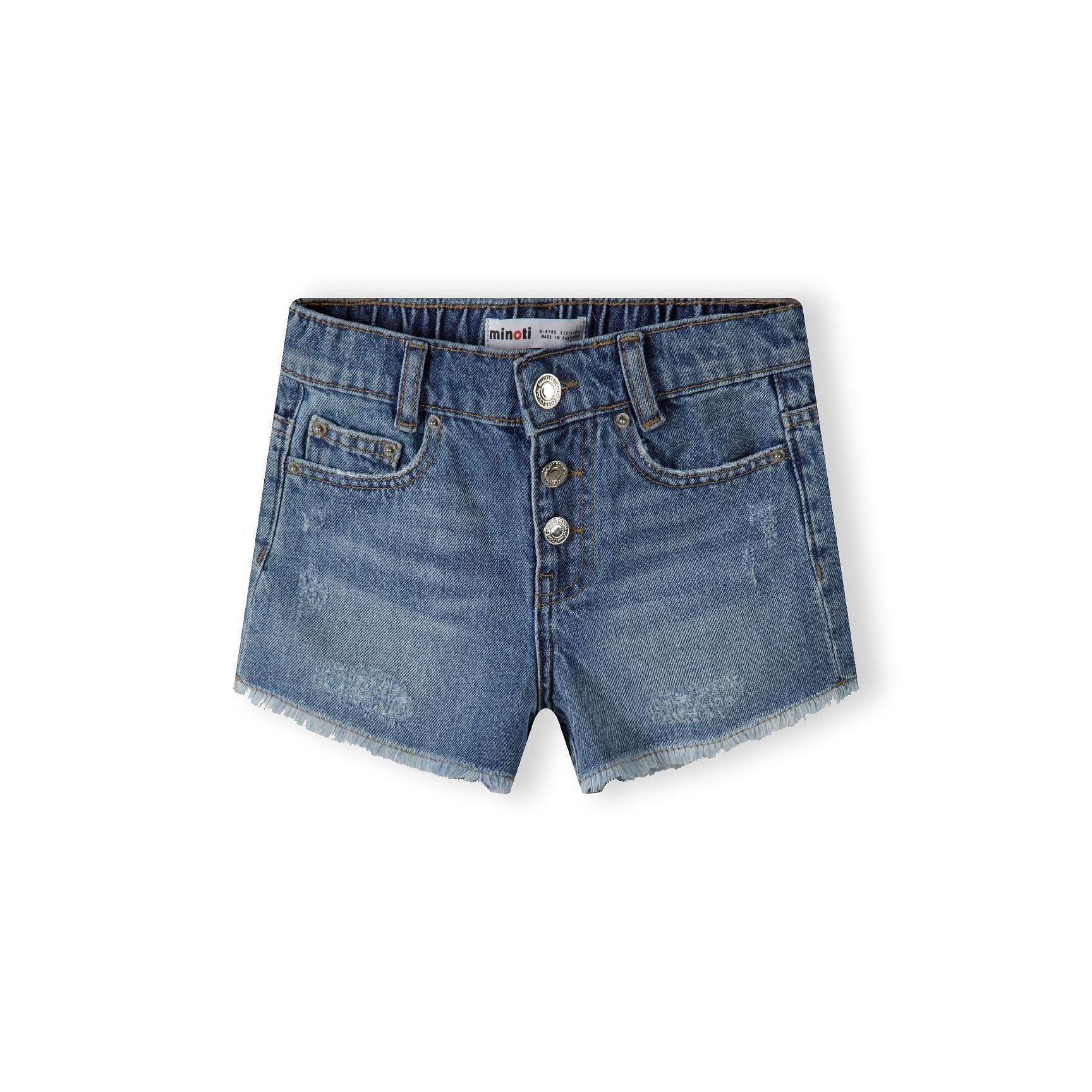 Back view of navy denim shorts showing frayed hem detail, classic five-pocket construction and branded label patch on flat surface