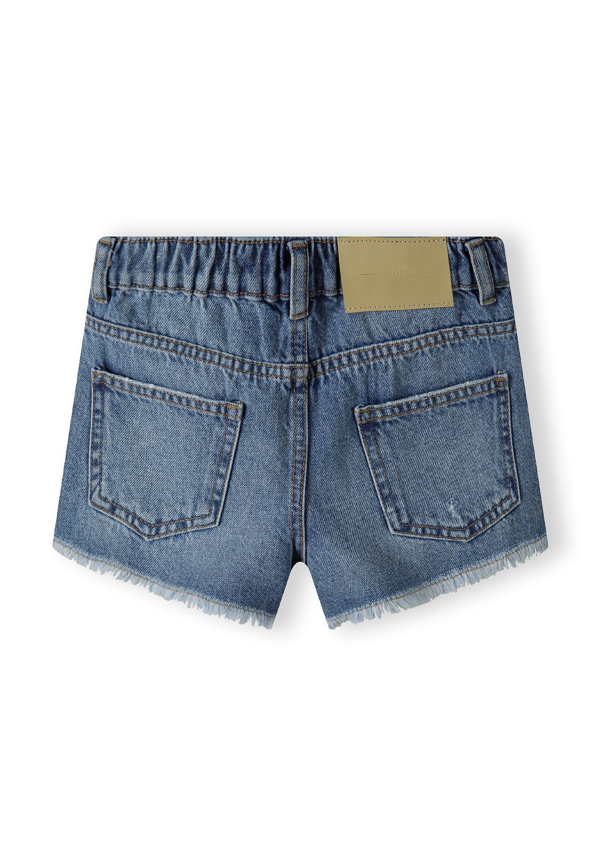 Girls denim shorts, navy, back view with frayed hems and pockets.