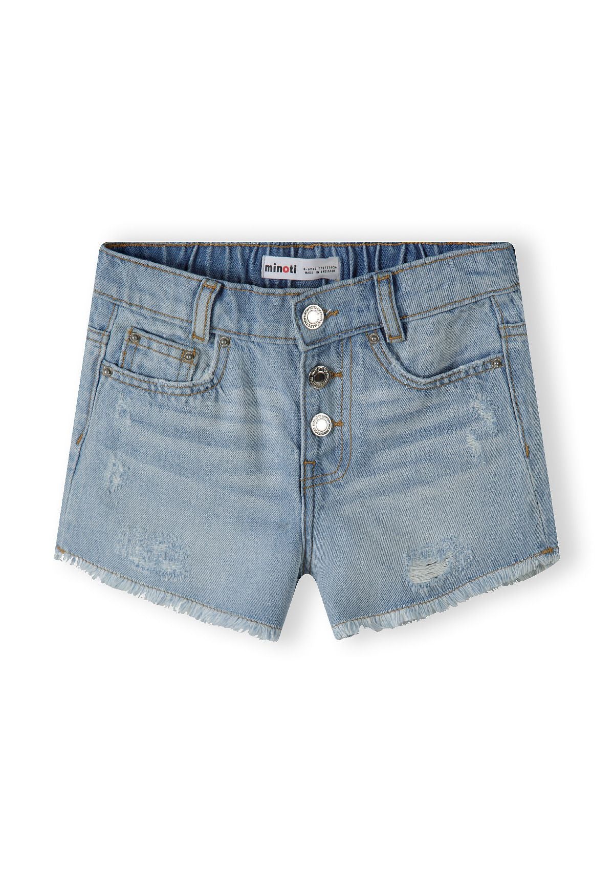 Girls light blue denim shorts, front view, frayed hem and button fastening.