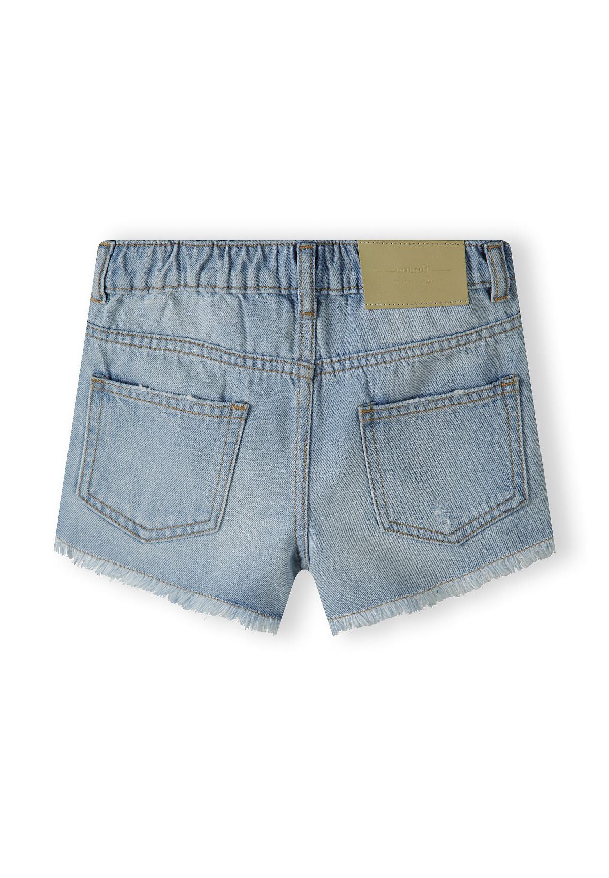 Back view of light blue girls denim shorts with frayed hem and pockets.