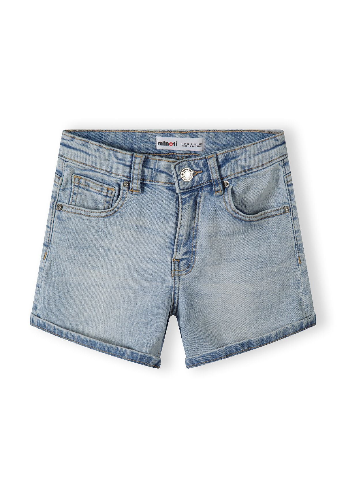 Girls high waist denim shorts in light blue, front view with neatly stitched cuffs.