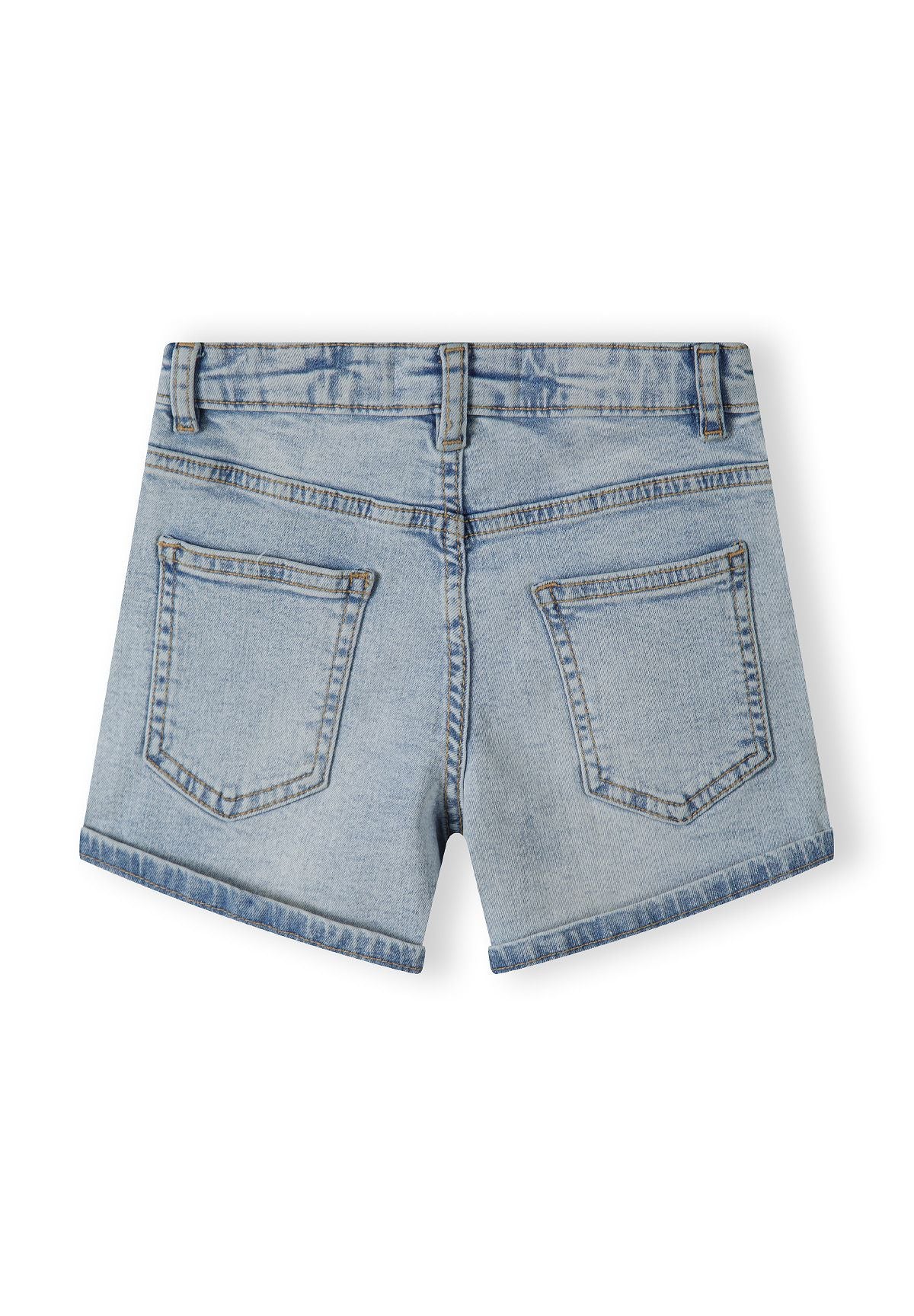 Girls high waist denim shorts, light blue, back view with two pockets.