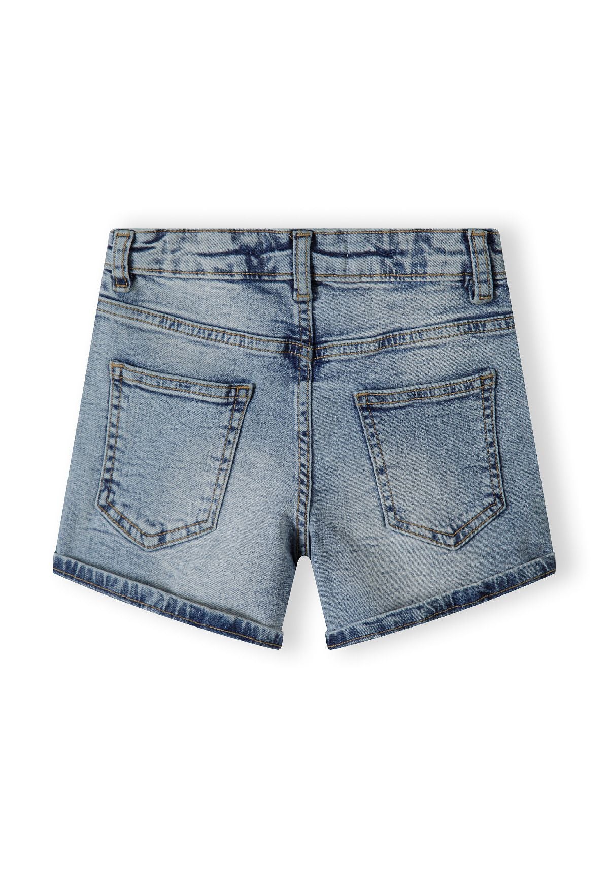 Back view of girls' denim shorts with high waist and folded cuffs.