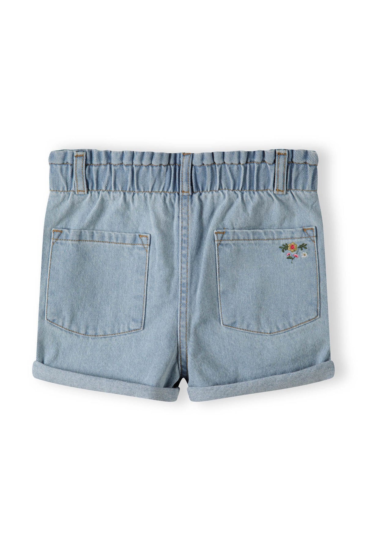 Light blue denim shorts, back.