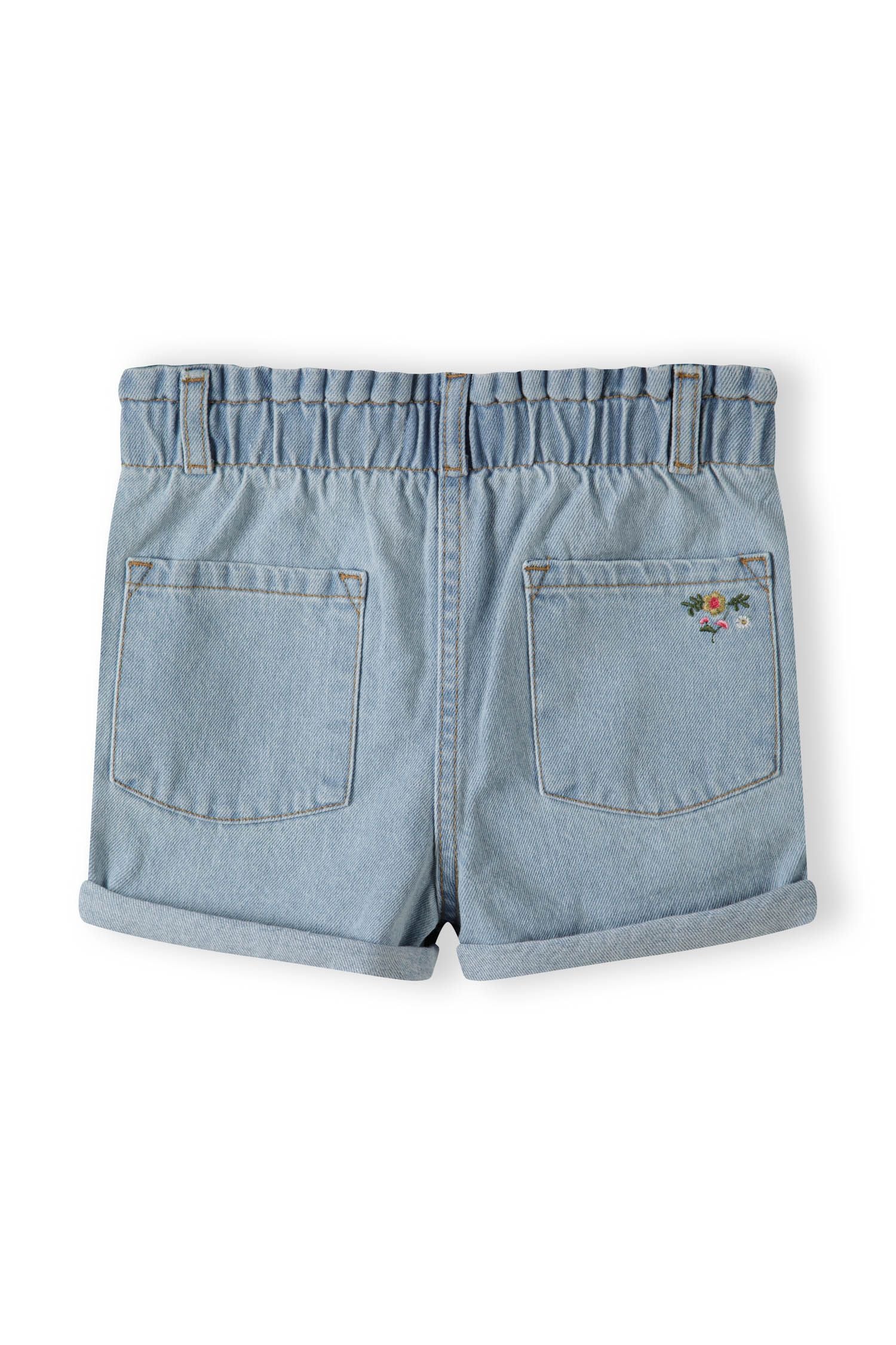 Girls denim shorts, back view, paperbag waist with embroidered detail and pockets.