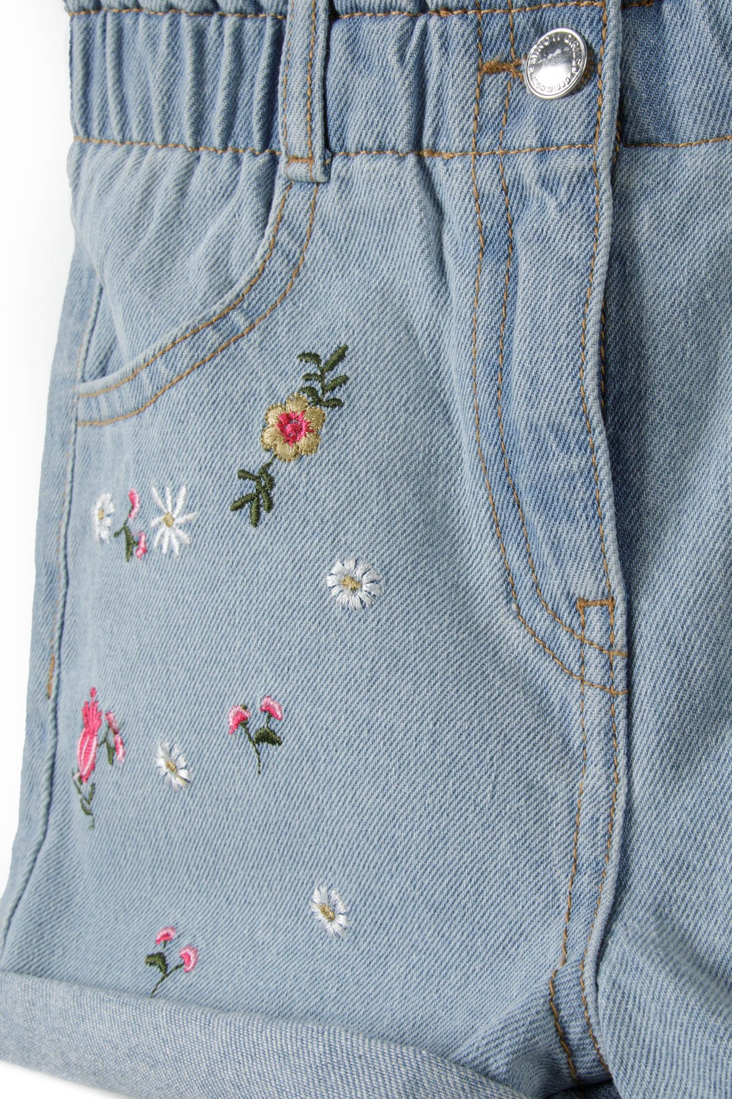 Floral Embroidered Denim Shorts, Light Blue - 3