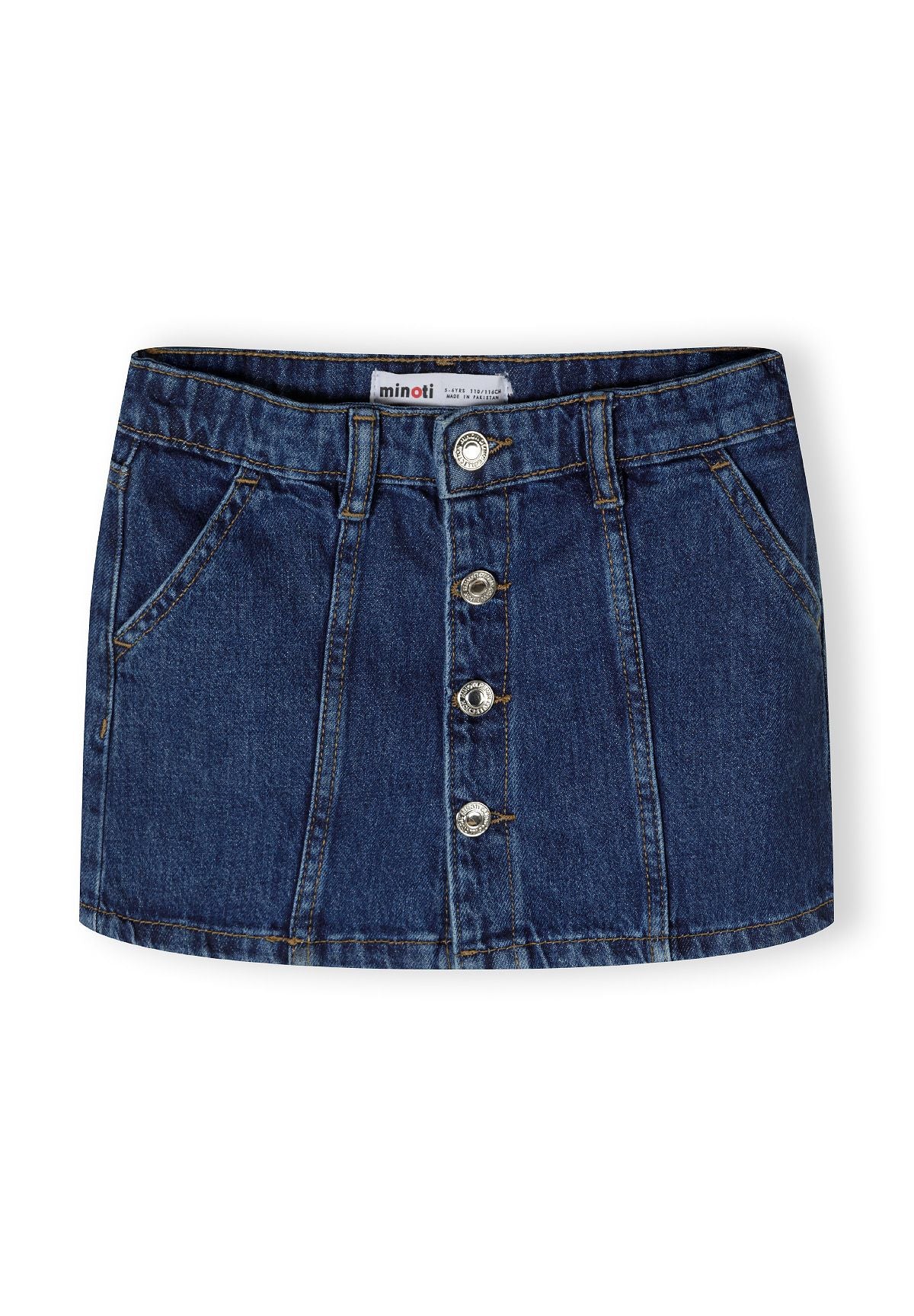 Girls denim skirt in navy, front view with button fastening and front pockets.
