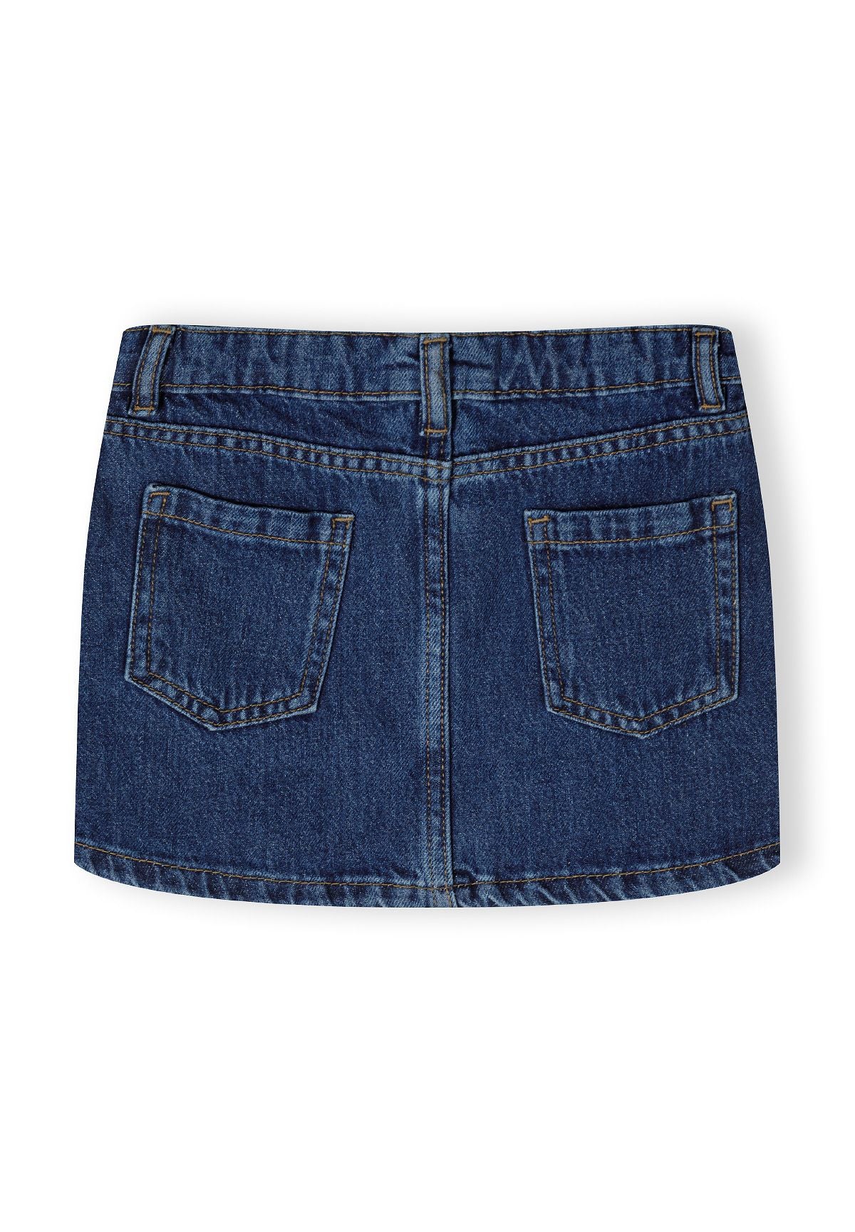 Back view of a girls denim skirt with button fastening and two back pockets.