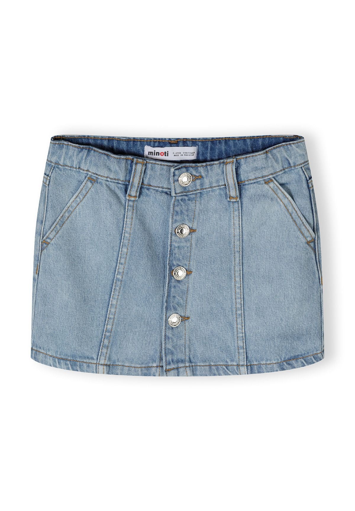 Light blue girls denim skirt, front view with button fastening and front pockets.