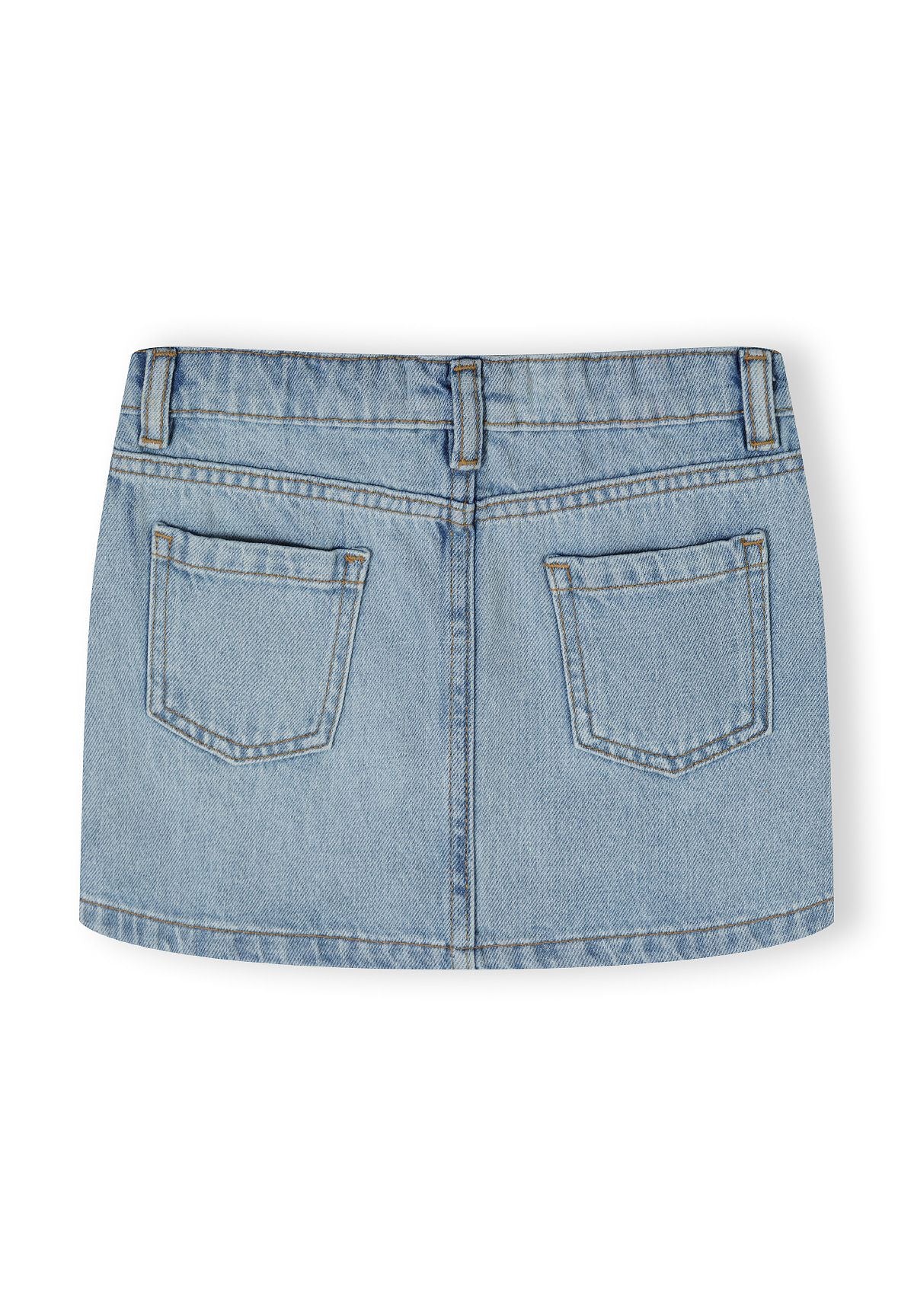 Back view of a light blue denim skirt for girls, featuring two back pockets.