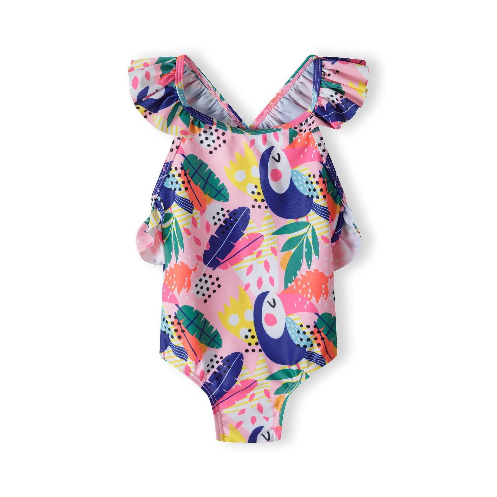 Front view of multicolour tropical print swimsuit with toucan and botanical pattern, featuring frilled shoulder straps on white background