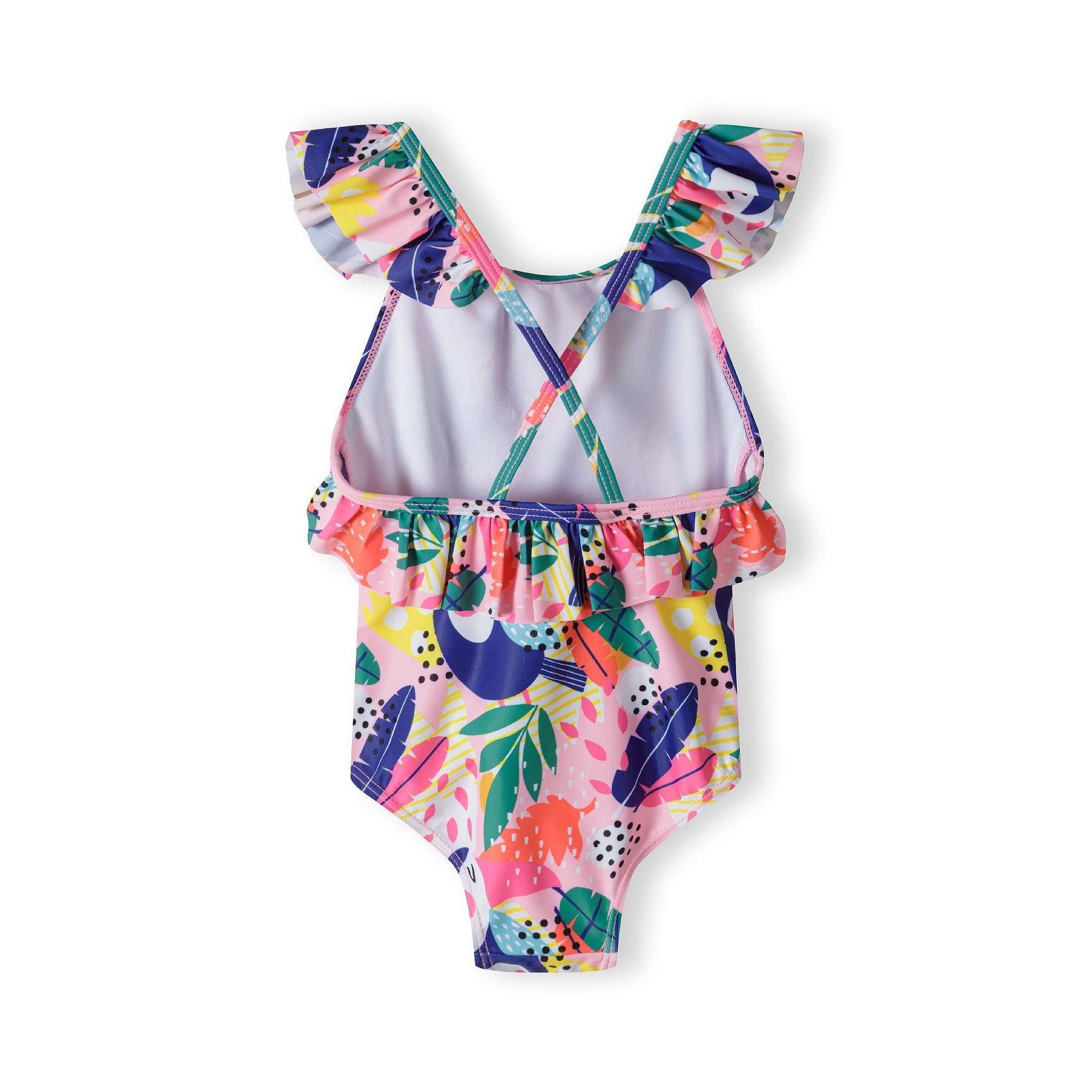 Back view of tropical print swimsuit showing crossover straps and ruffle detail at waist on white background