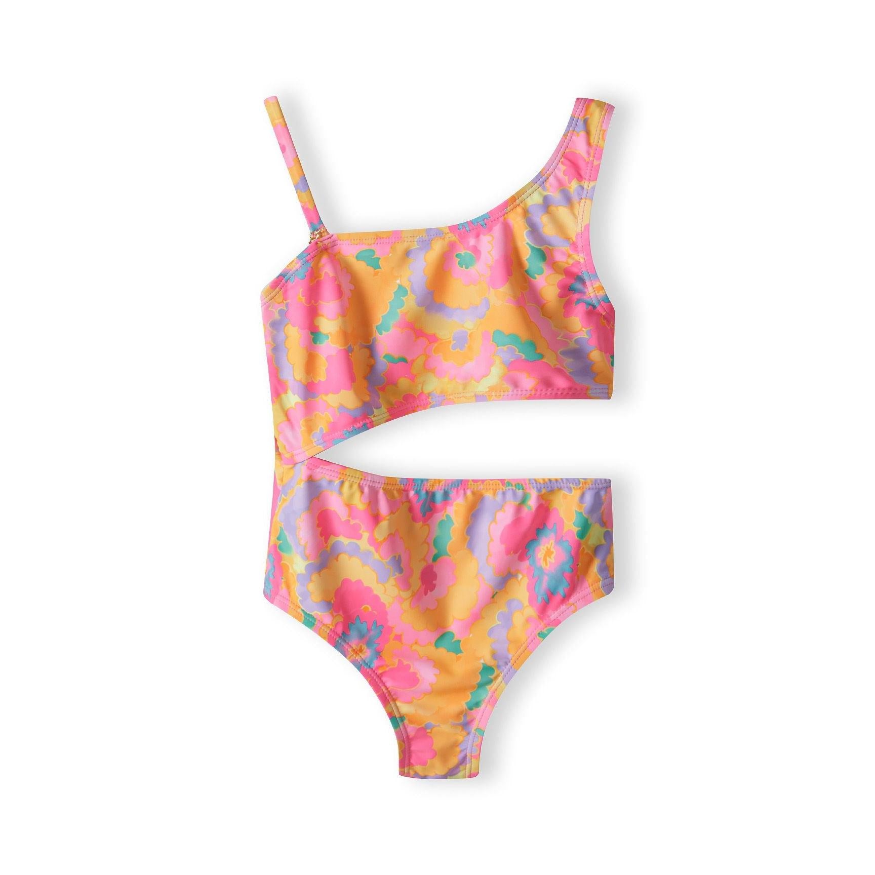 Front view of bright multicolor floral cutout bikini with asymmetrical design, featuring crop top and high-waisted bottoms in pink, orange, purple and teal print on white background