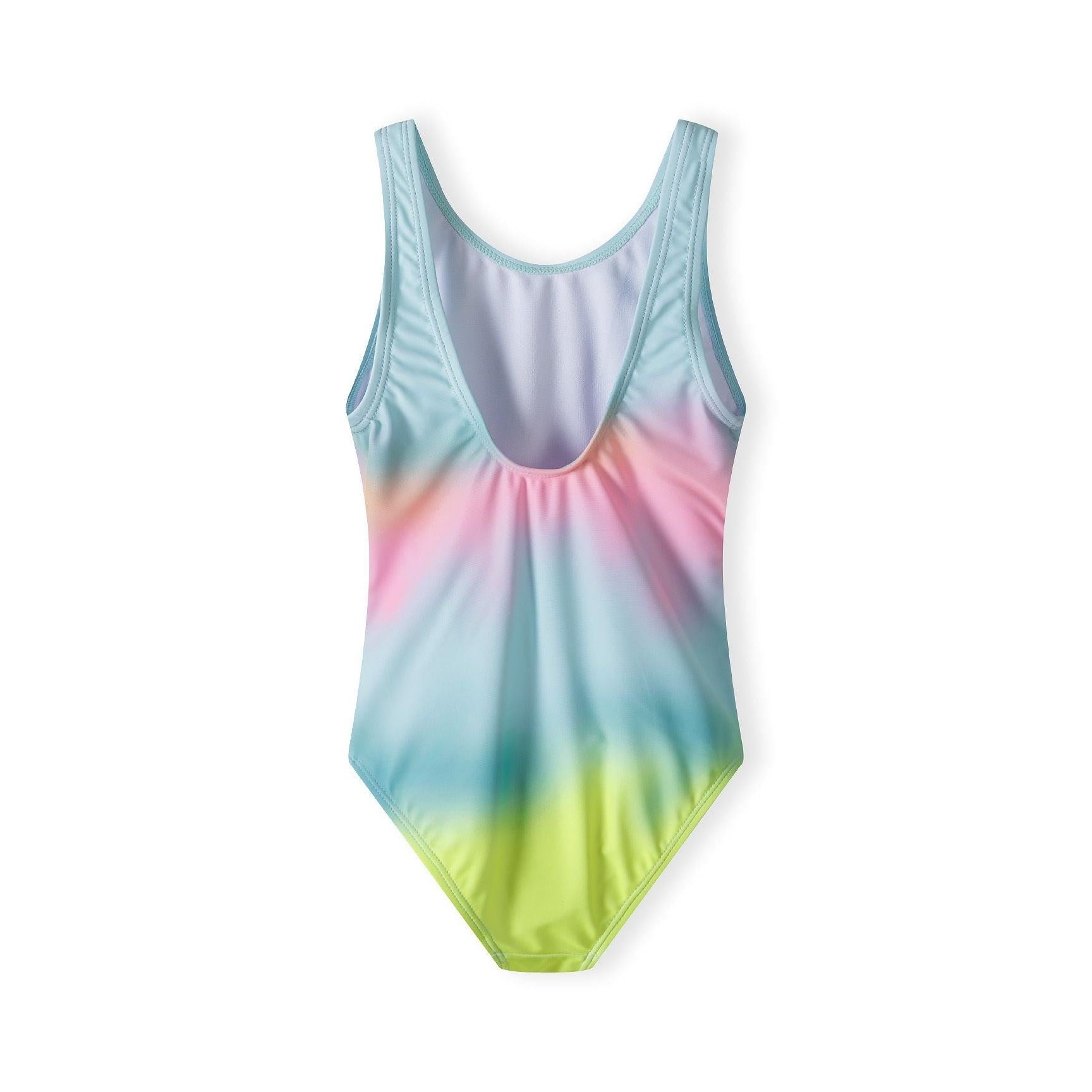 Back view of tie-dye swimsuit showing rainbow gradient pattern from mint green to pink to yellow with scoop back neckline on white background