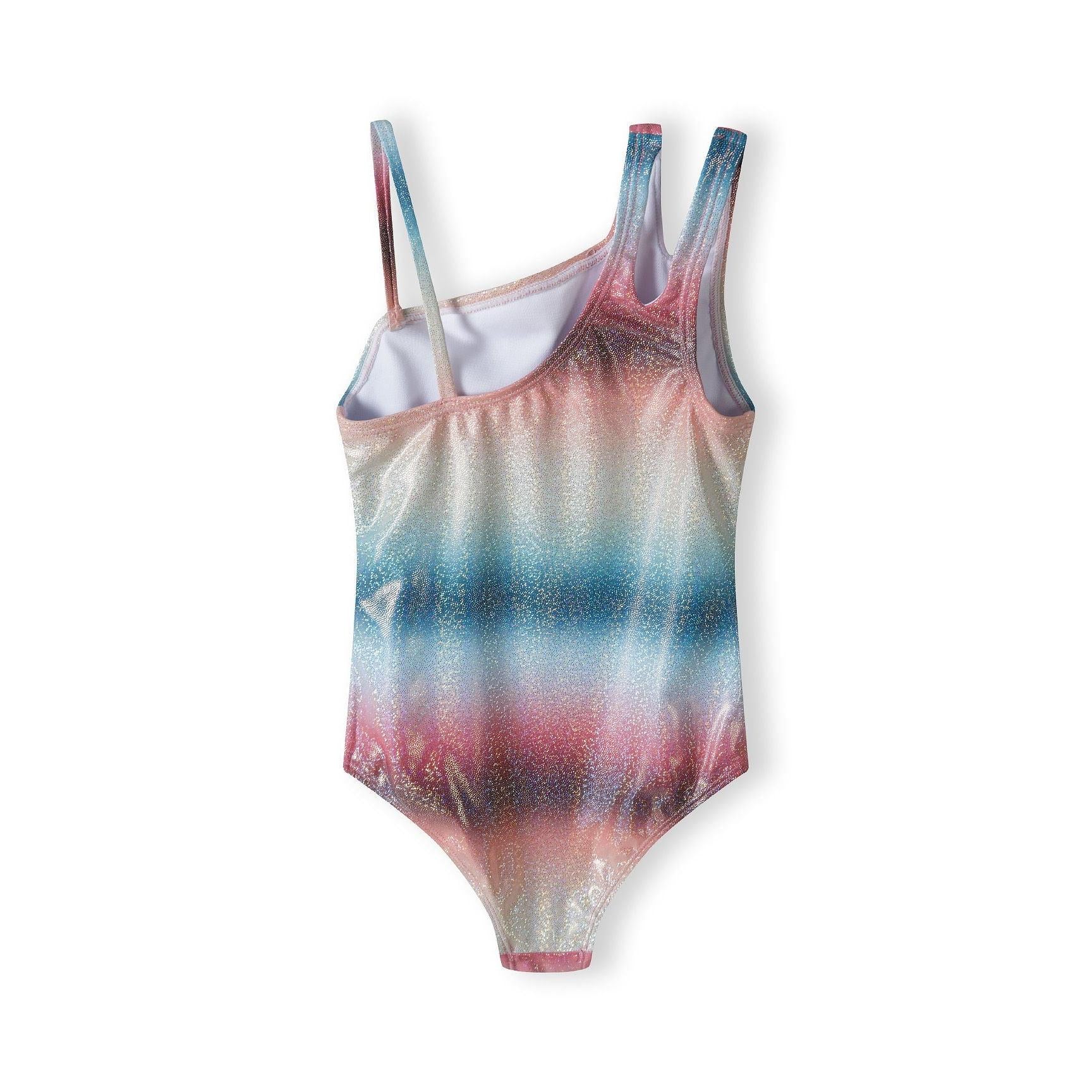 Back view of same ombre metallic swimsuit showing double strap design and full colour gradient shimmer effect on white background