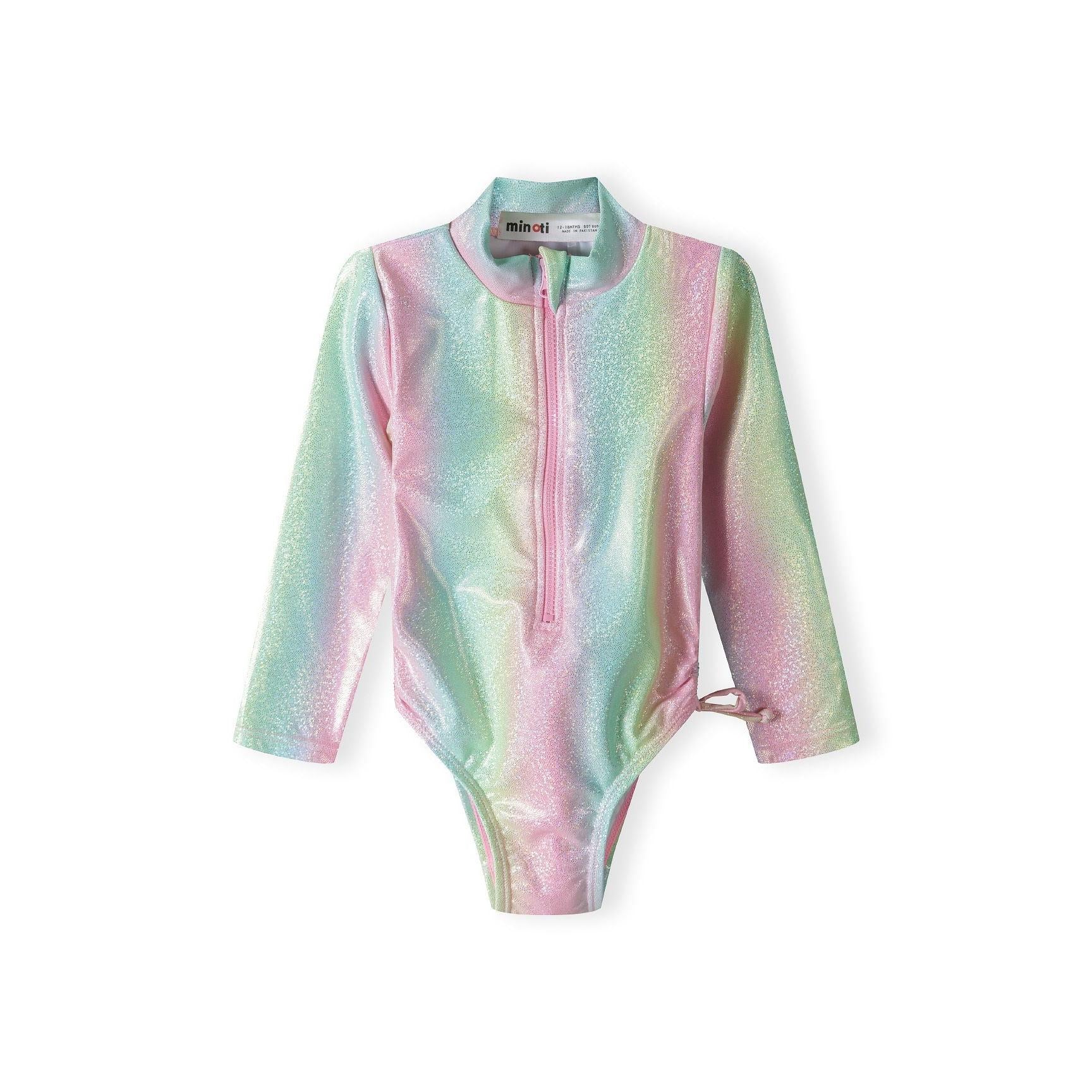 Front view of iridescent rainbow long sleeve rash bodysuit with pink zipper on white background