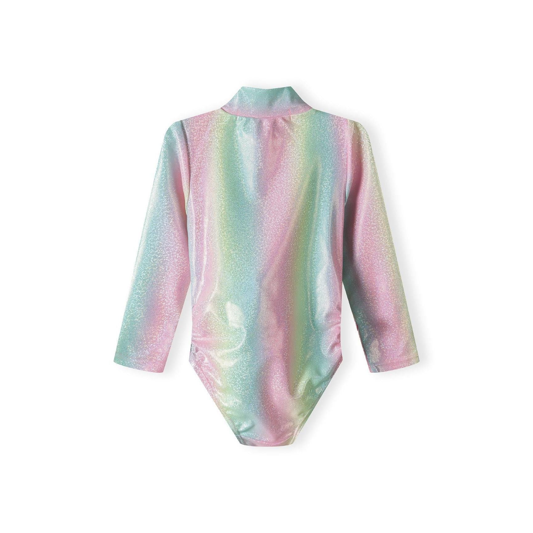 Back view of rainbow shimmer rash bodysuit showing full coverage design on white background