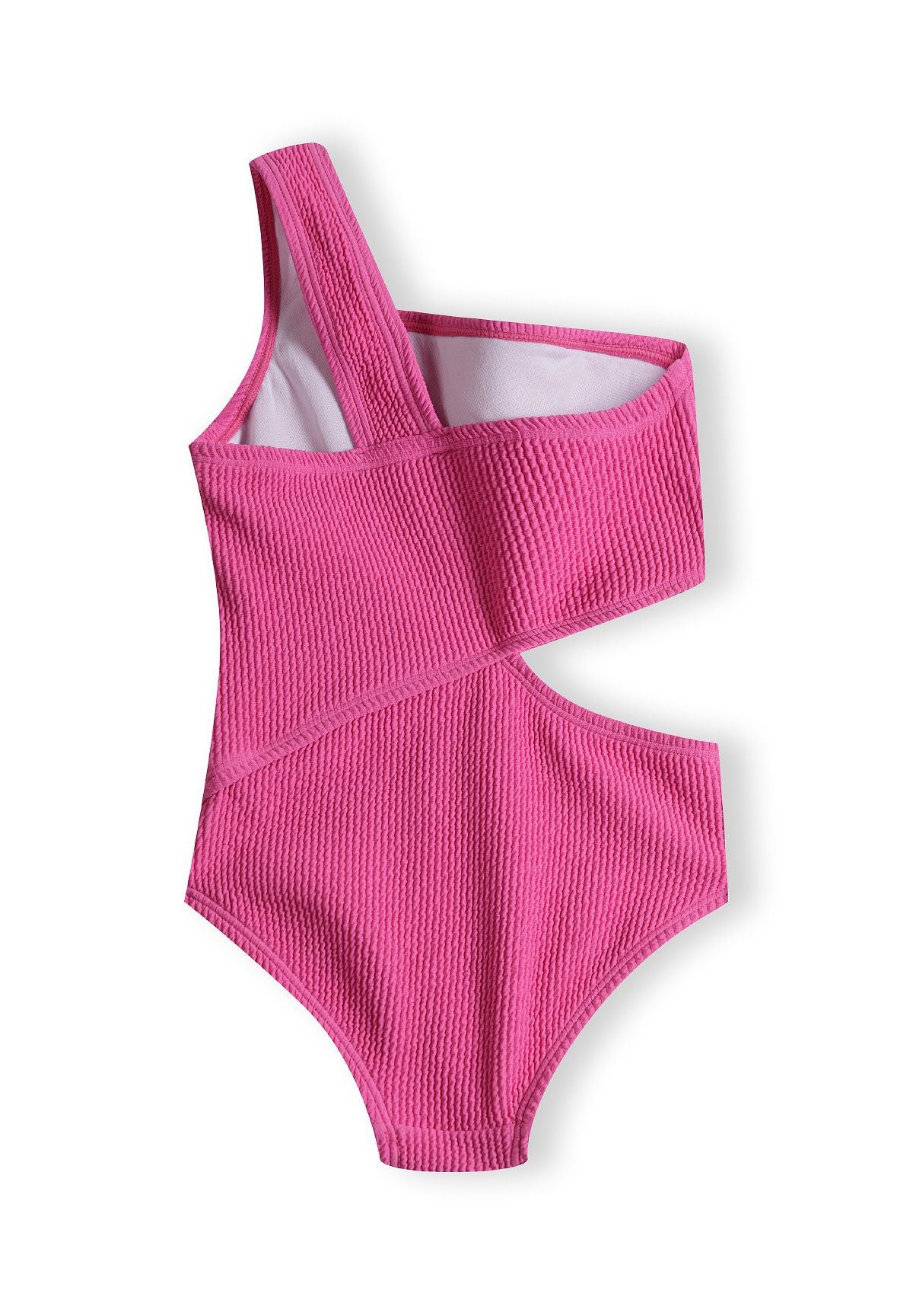 Girls one piece swimsuit in solid pink, sleeveless with shoulder straps, close-up view.