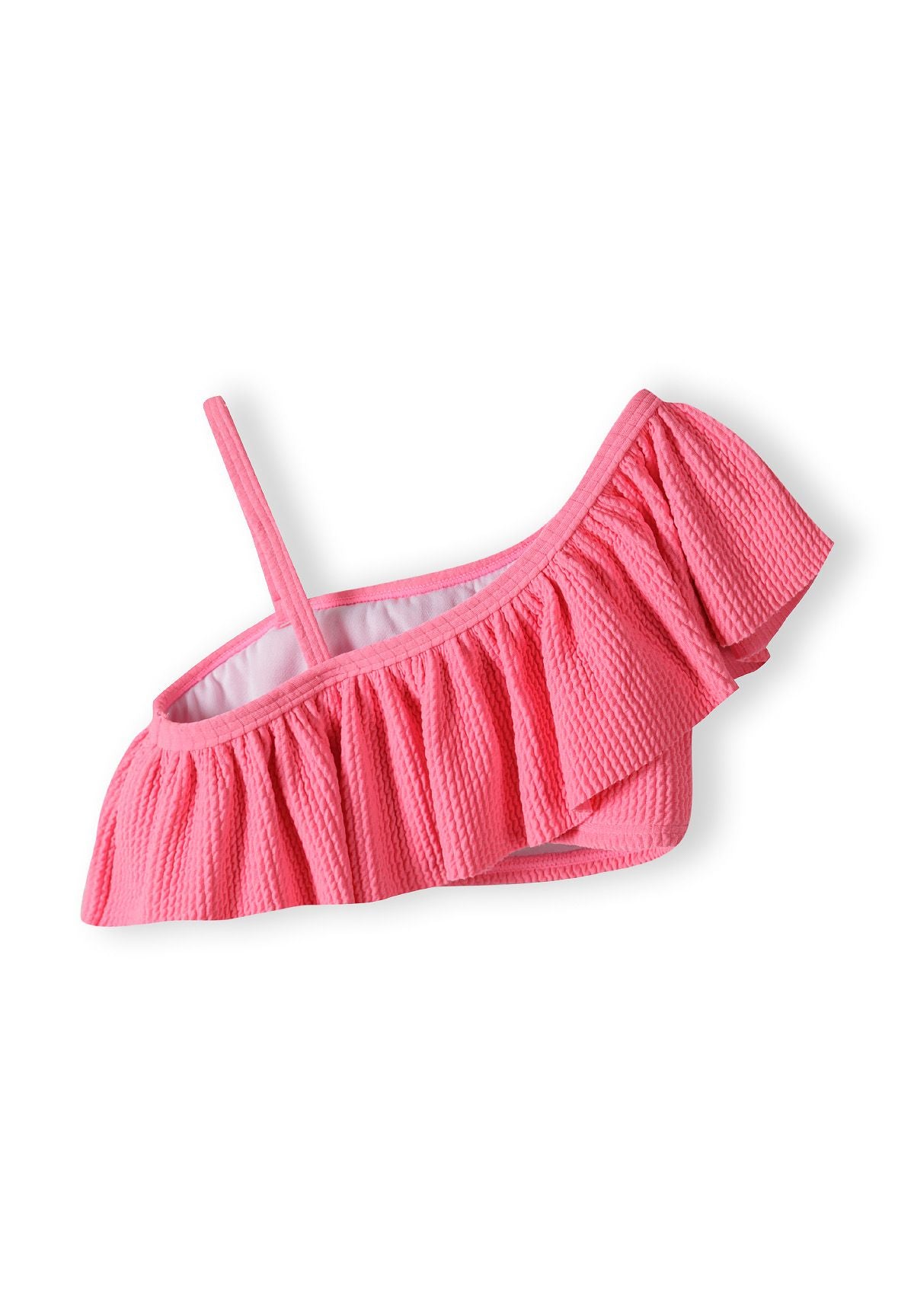 Girls pink bikini top with ruffle detail, side view.