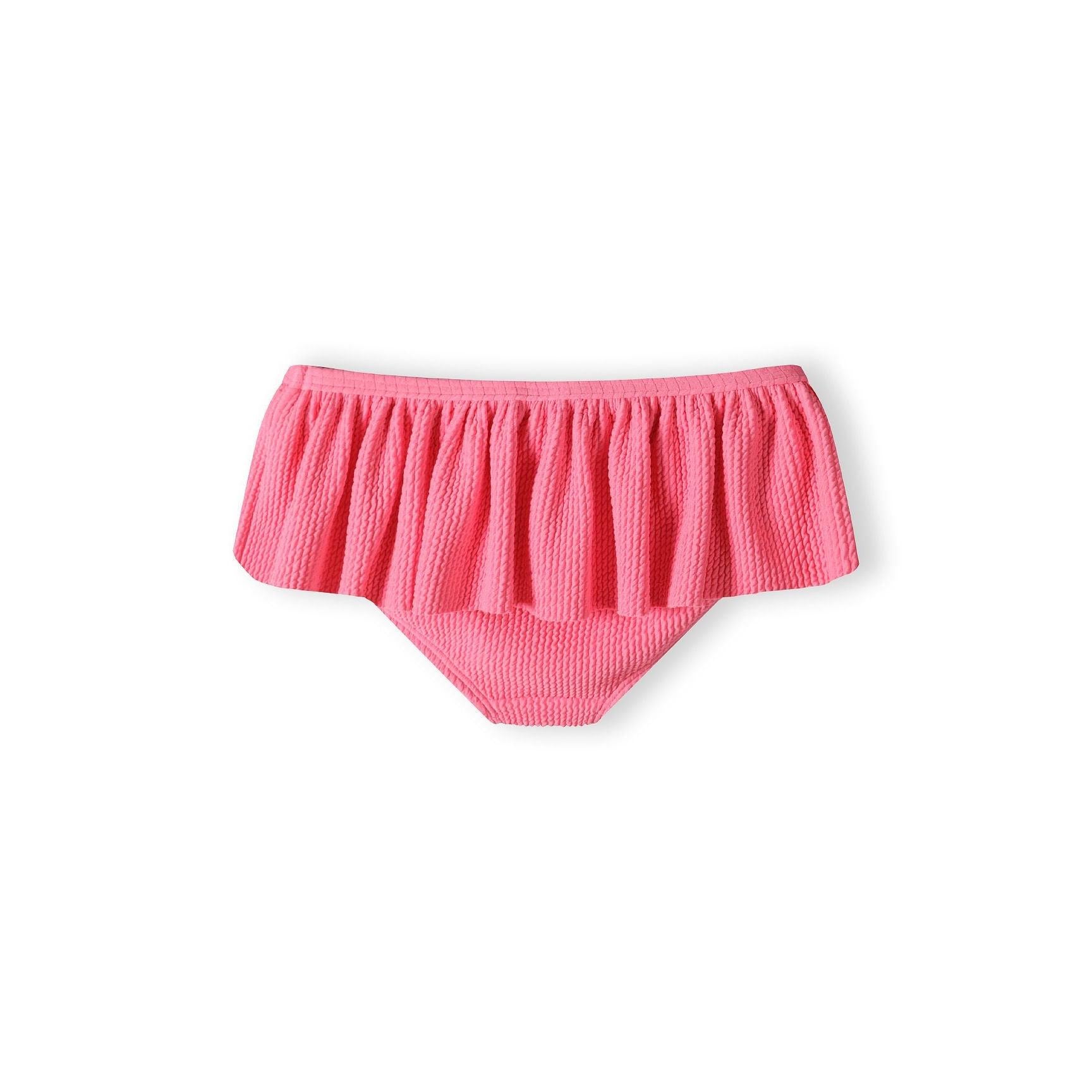 Pink ruffled bikini bottom showing full ruffle detail across waistband on white background
