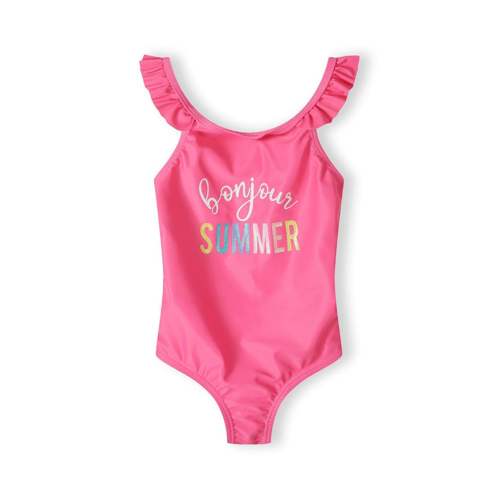 Close-up detail of pink swimsuit showing 'Bonjour Summer' text in white script and colorful metallic foil letters