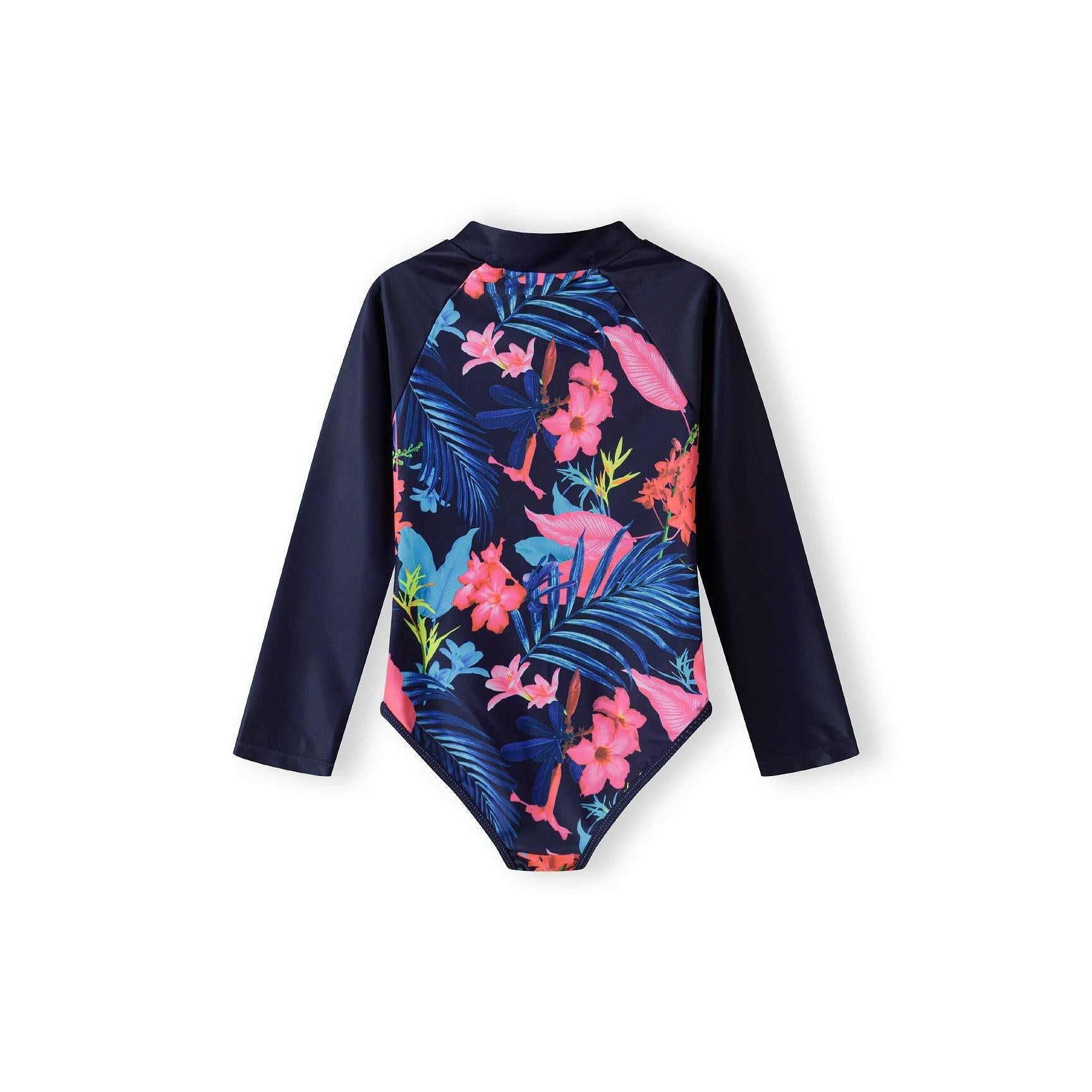Back view of navy long sleeve rash bodysuit displaying the same vibrant tropical floral pattern with pink and blue motifs across the body and sleeves