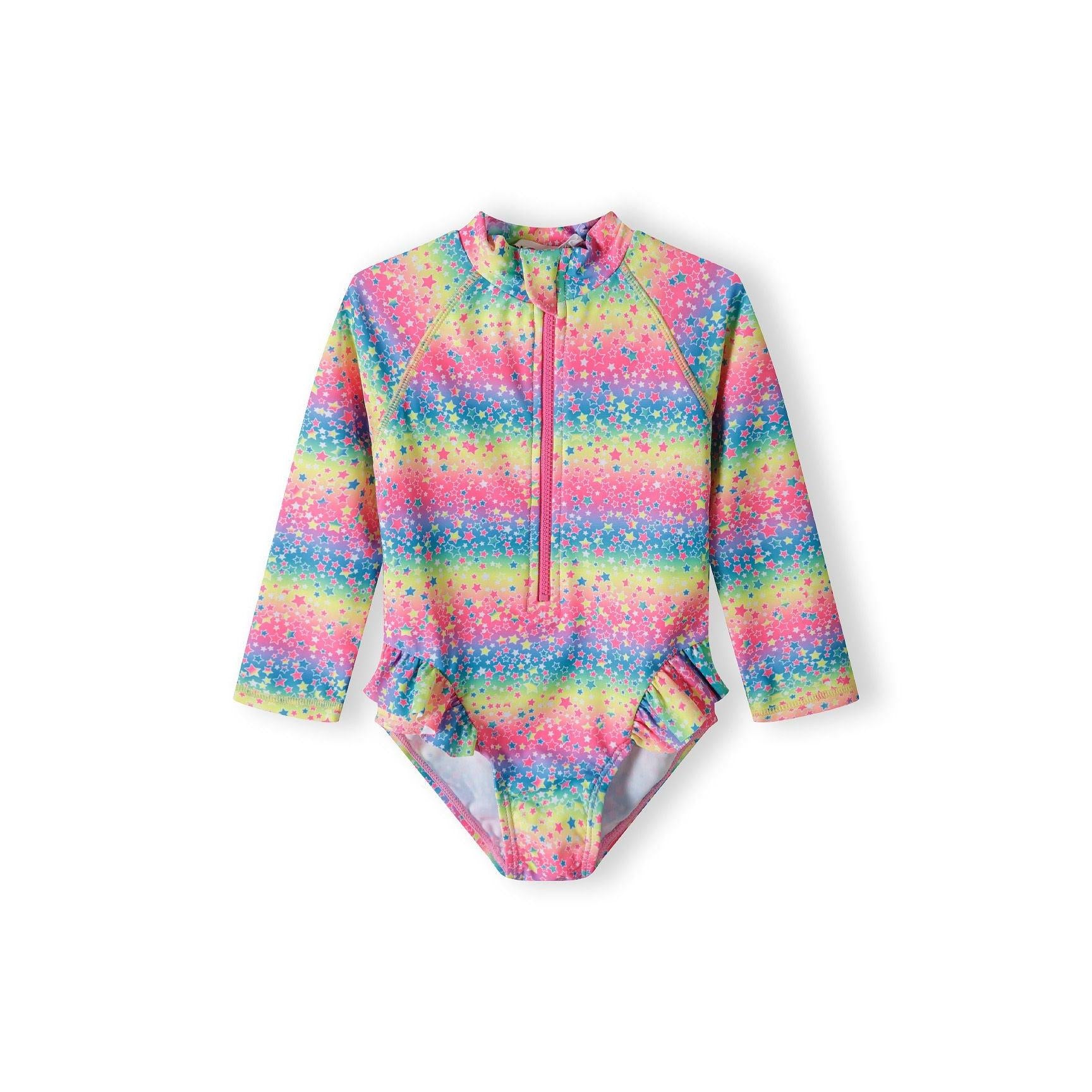Front view of multicolour rash bodysuit with rainbow gradient pattern, long sleeves, and front zip on white background