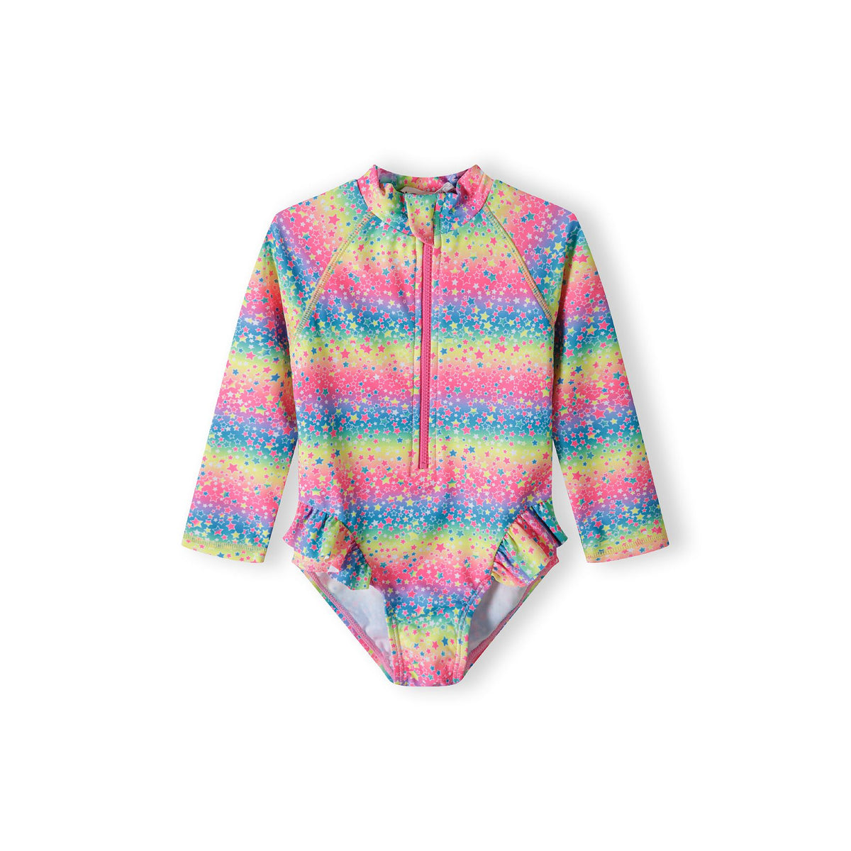 Girls' long-sleeved swimsuit in pink, blue and yellow — complete product view for square Shop card