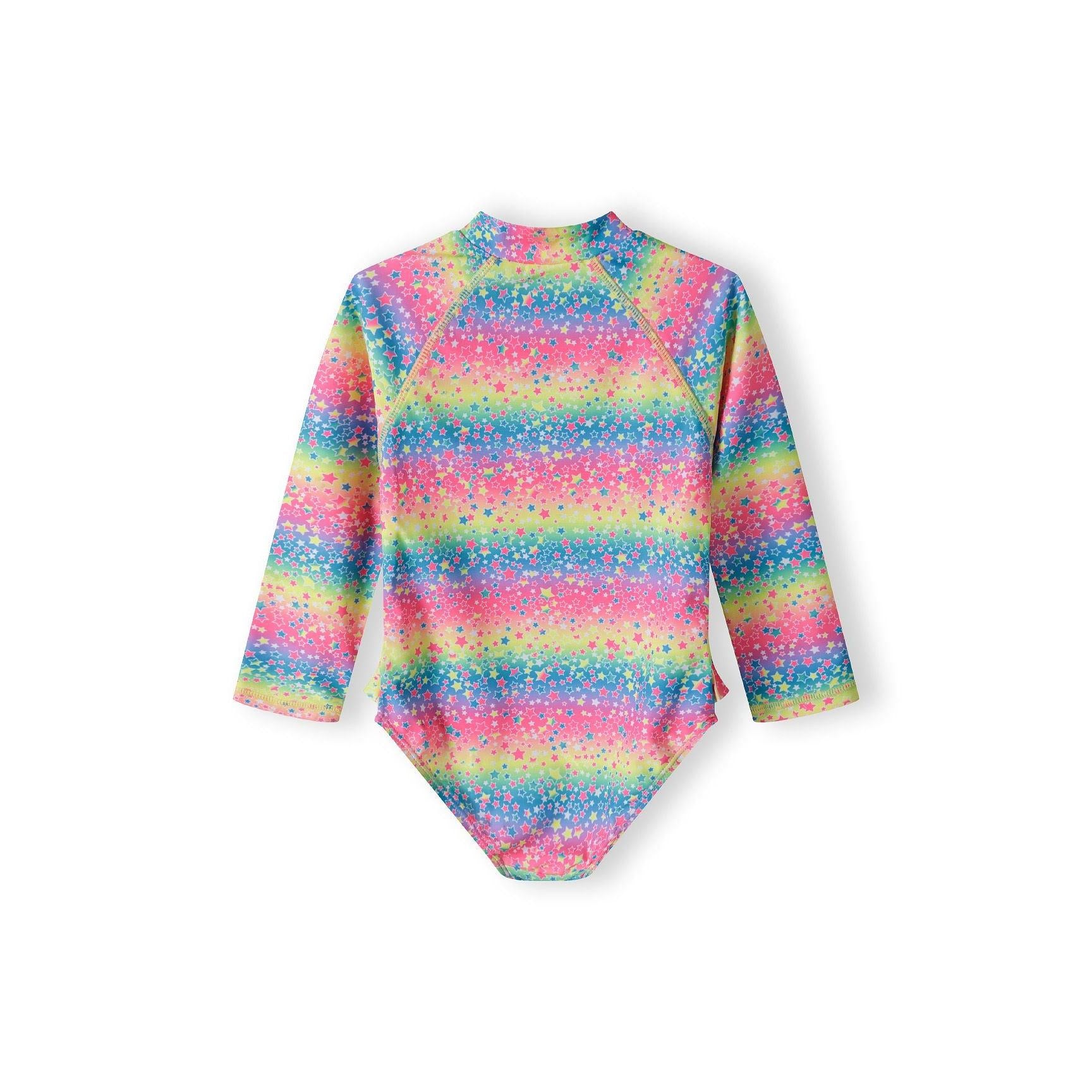 Back view of rainbow rash bodysuit showing full coverage design with sparkling star pattern details on white background
