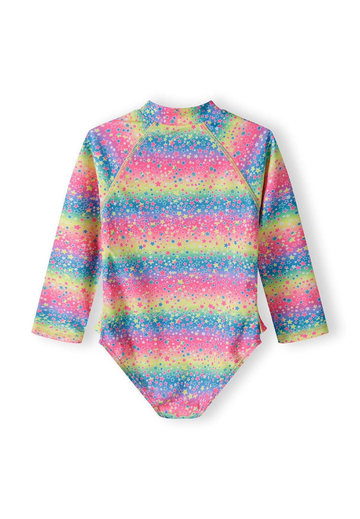 Pink, blue and yellow long-sleeved swimsuit, back.