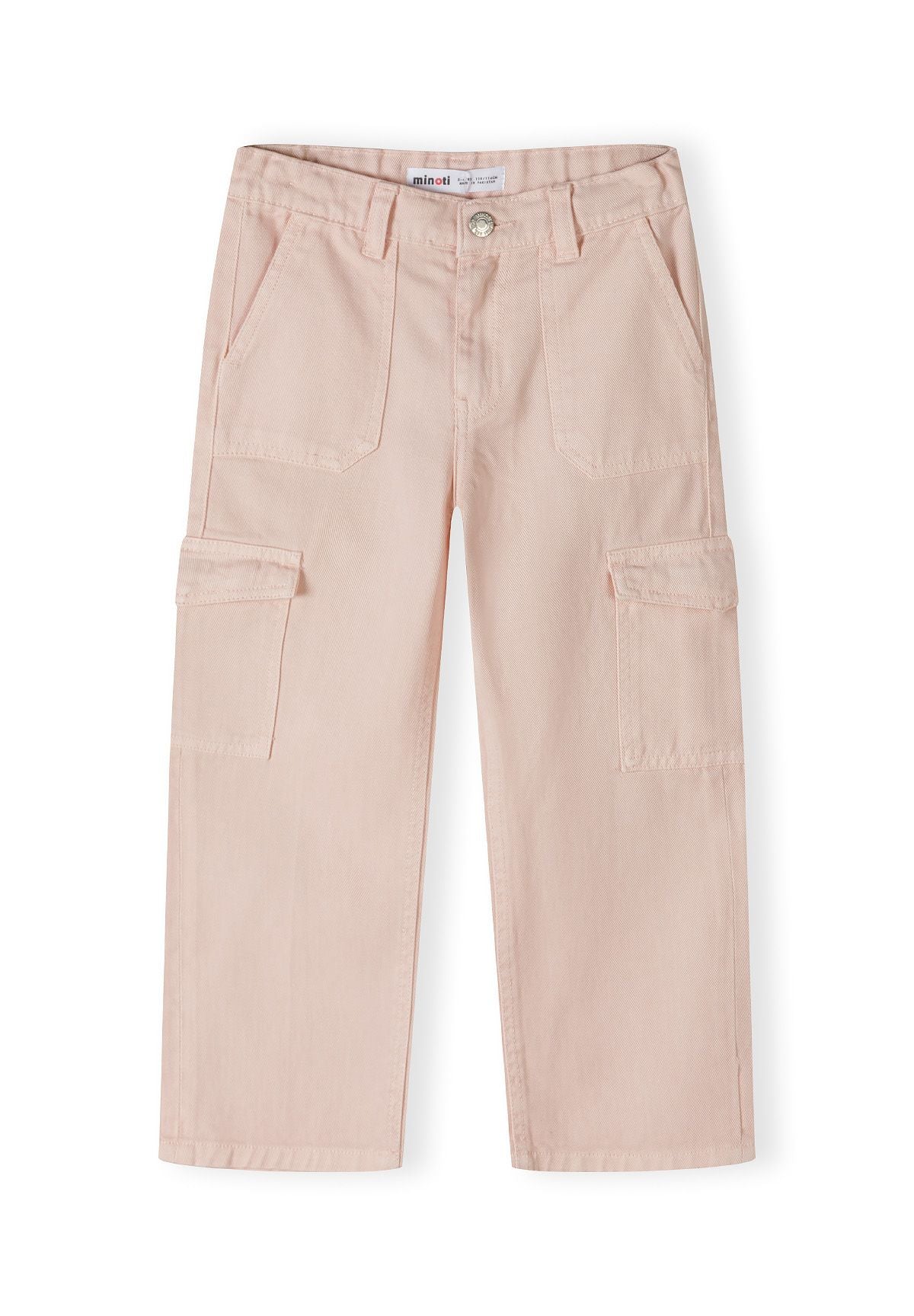 Girls wide leg cargo trousers in soft pink, front view with cargo pockets.