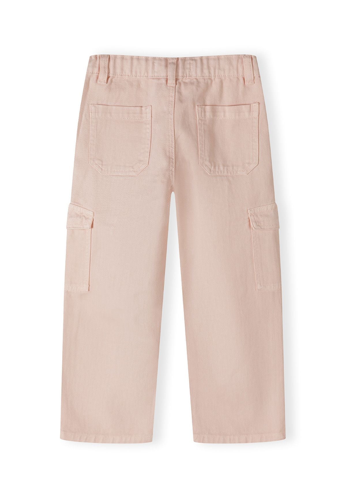 Girls wide leg cargo trousers in soft pink, back view with cargo pockets.
