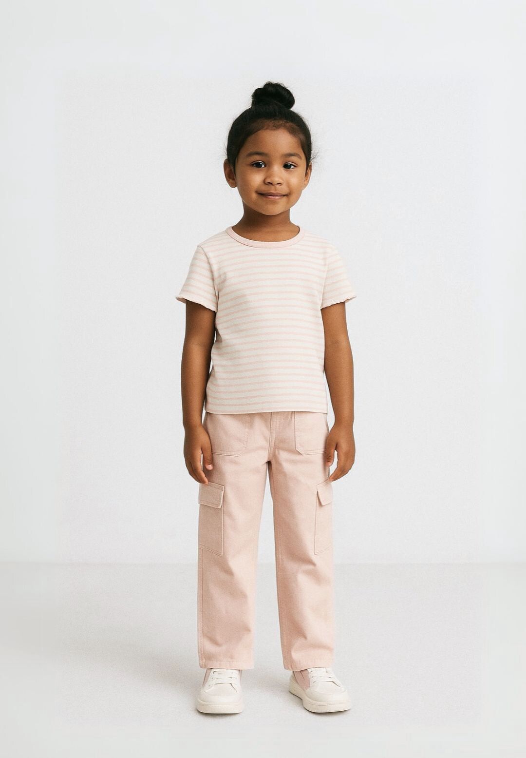 Girls wide leg cargo trousers in soft pink, front view with cargo pockets.
