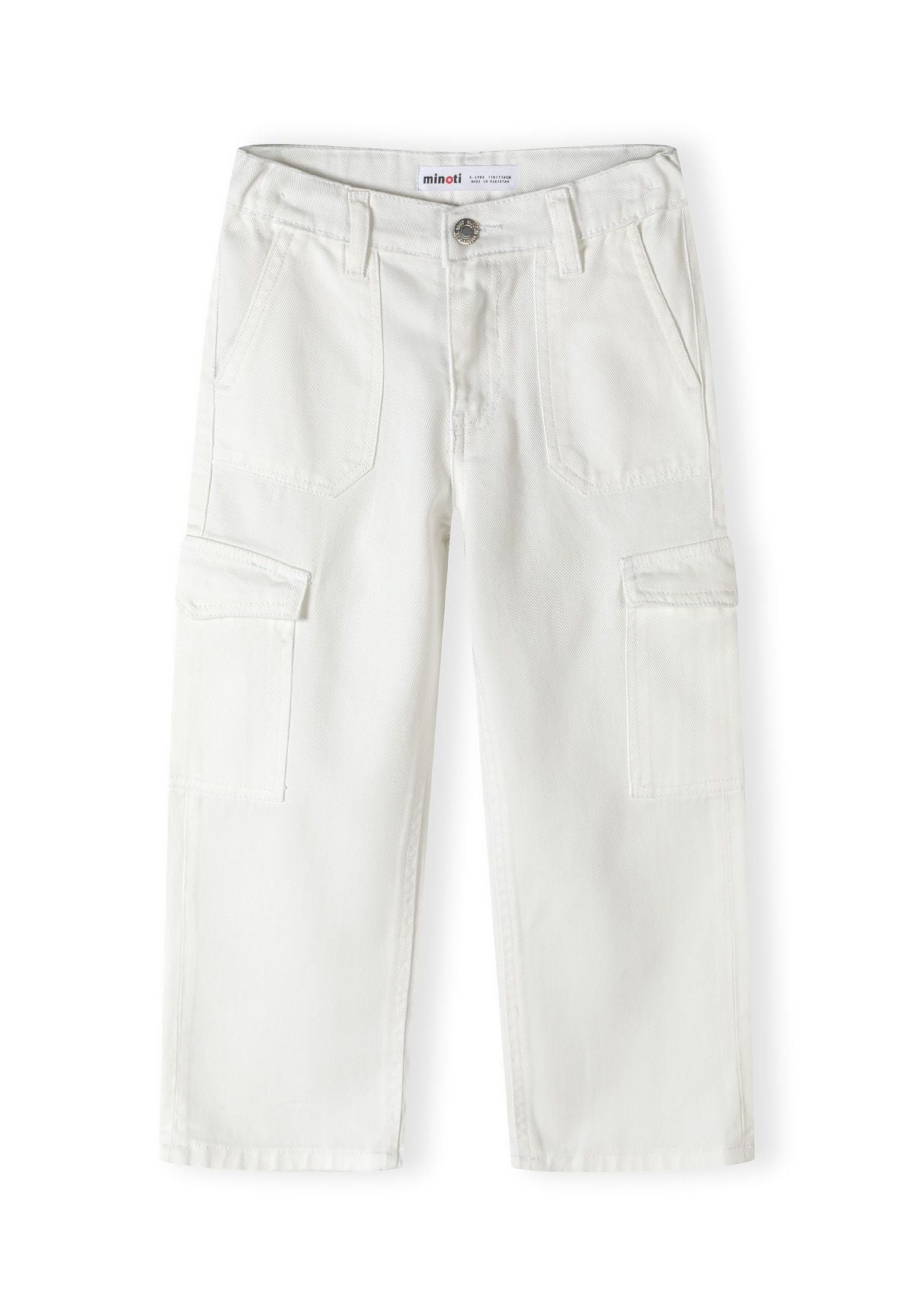 Girls wide leg cargo trousers, white, front view with cargo pockets.