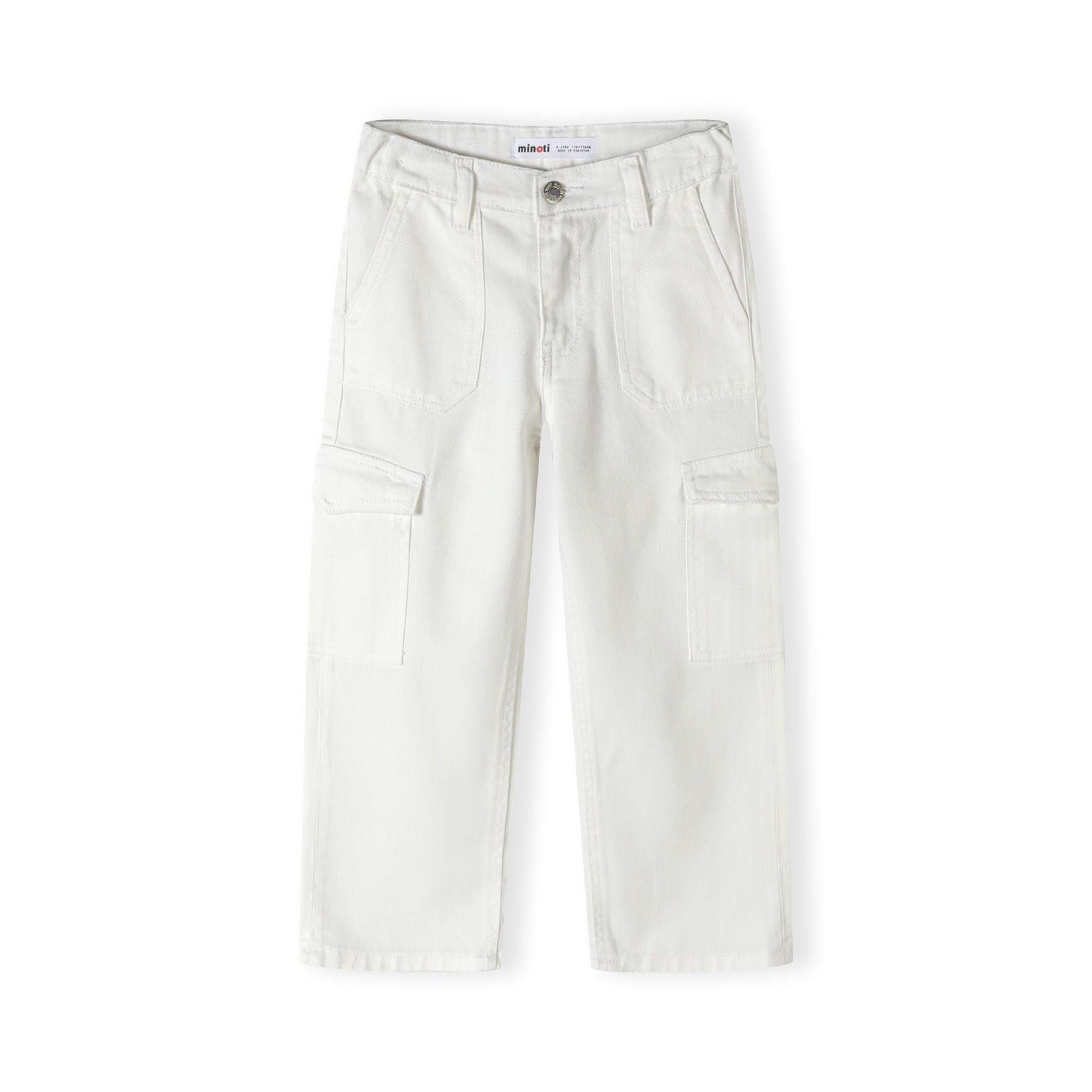 White cargo trousers laid flat showing back view with cargo pockets and back pockets visible