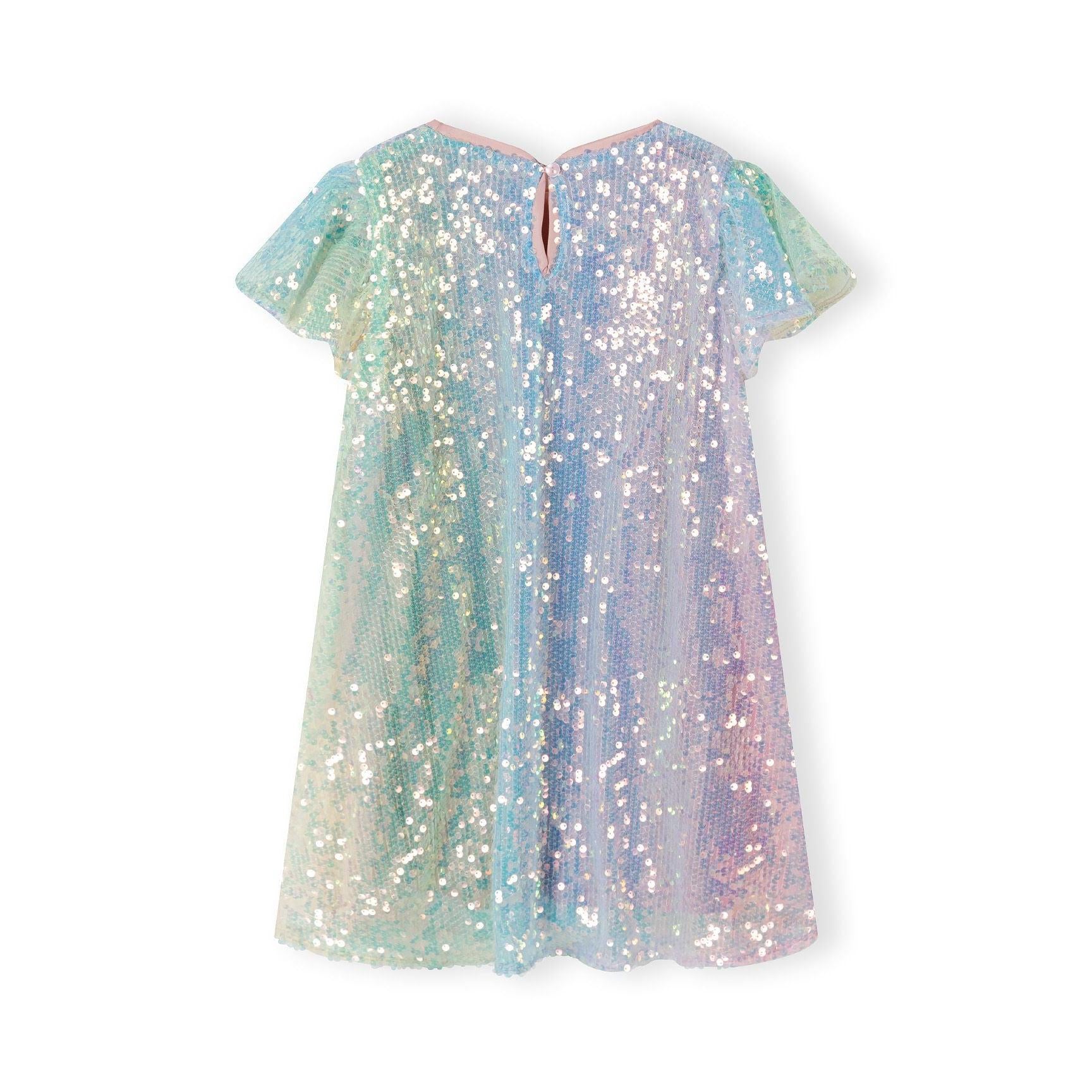 Back view of multicolour sequin dress showing keyhole neckline detail and shimmering rainbow fabric texture