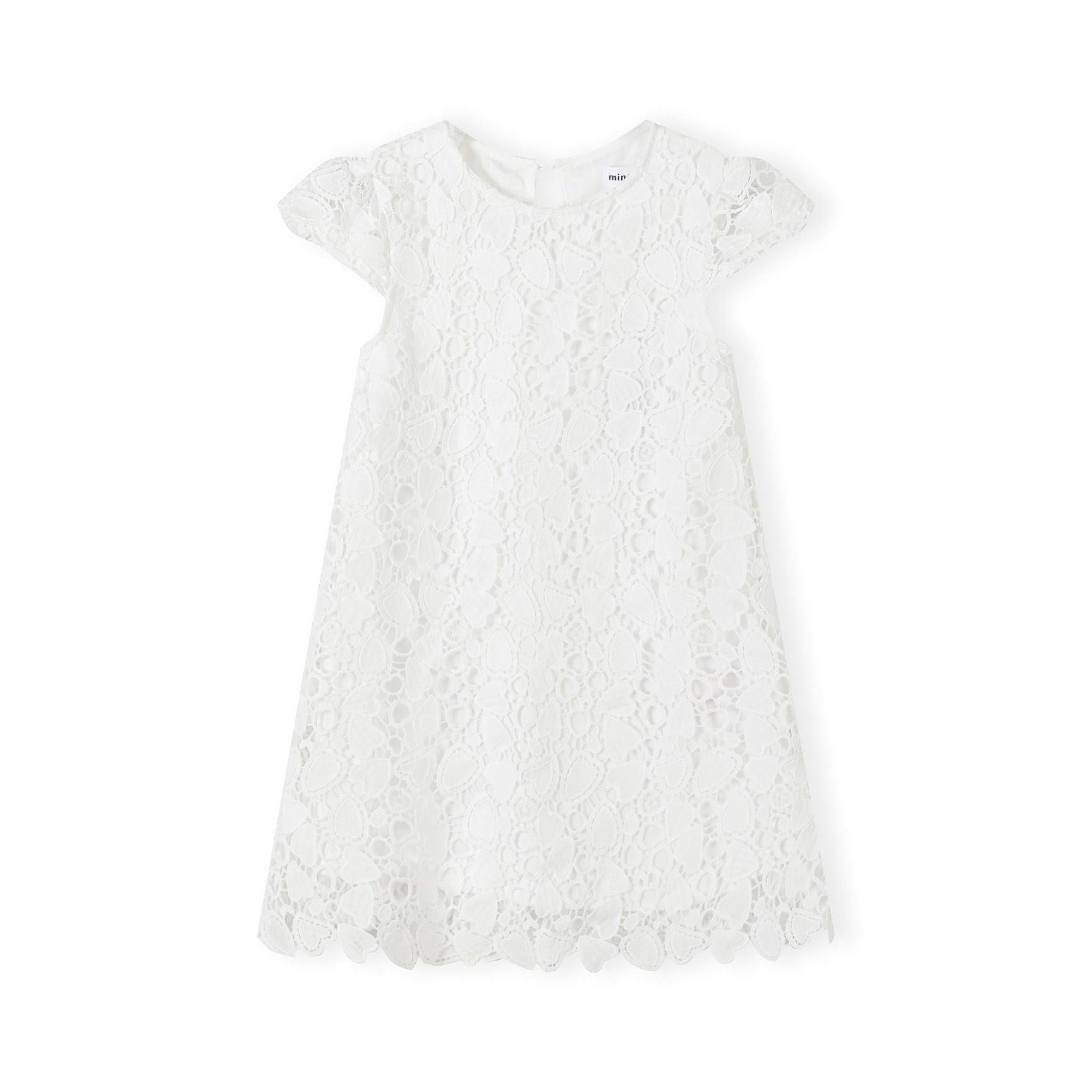 White lace dress laid flat showing intricate floral pattern detail, short sleeves with scalloped edges, and straight-cut silhouette against white background