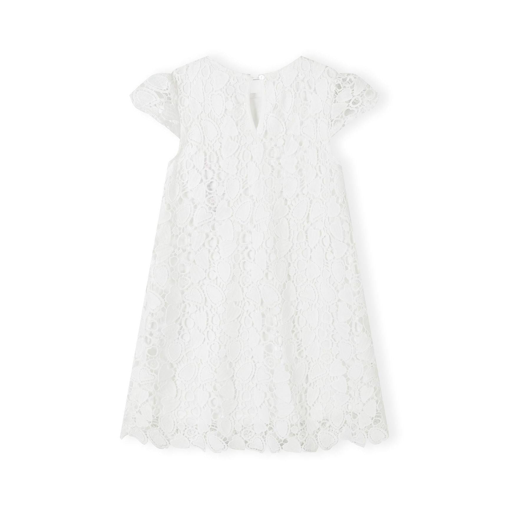 White lace dress laid flat showing intricate floral pattern detail, short sleeves with scalloped edges, and straight-cut silhouette against white background