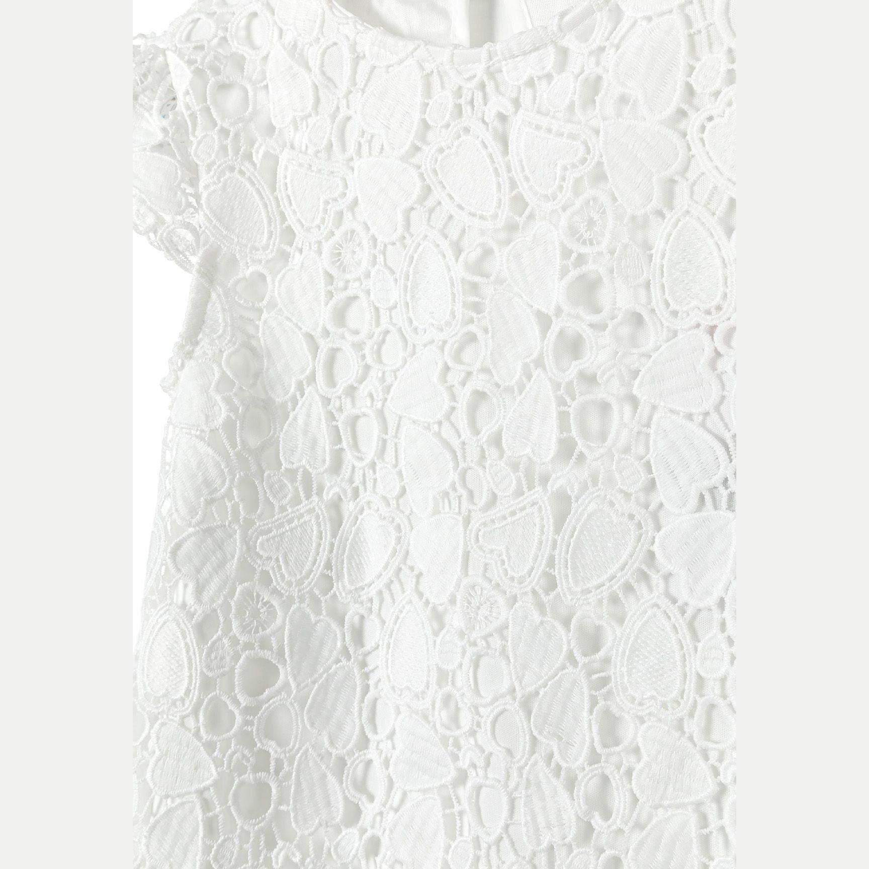 Close-up detail view of white lace fabric showing intricate floral and circular patterns with delicate cutout work and textured surface