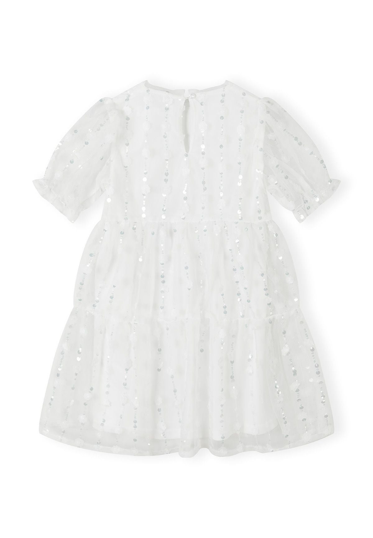 White sequin mesh tiered dress, back.