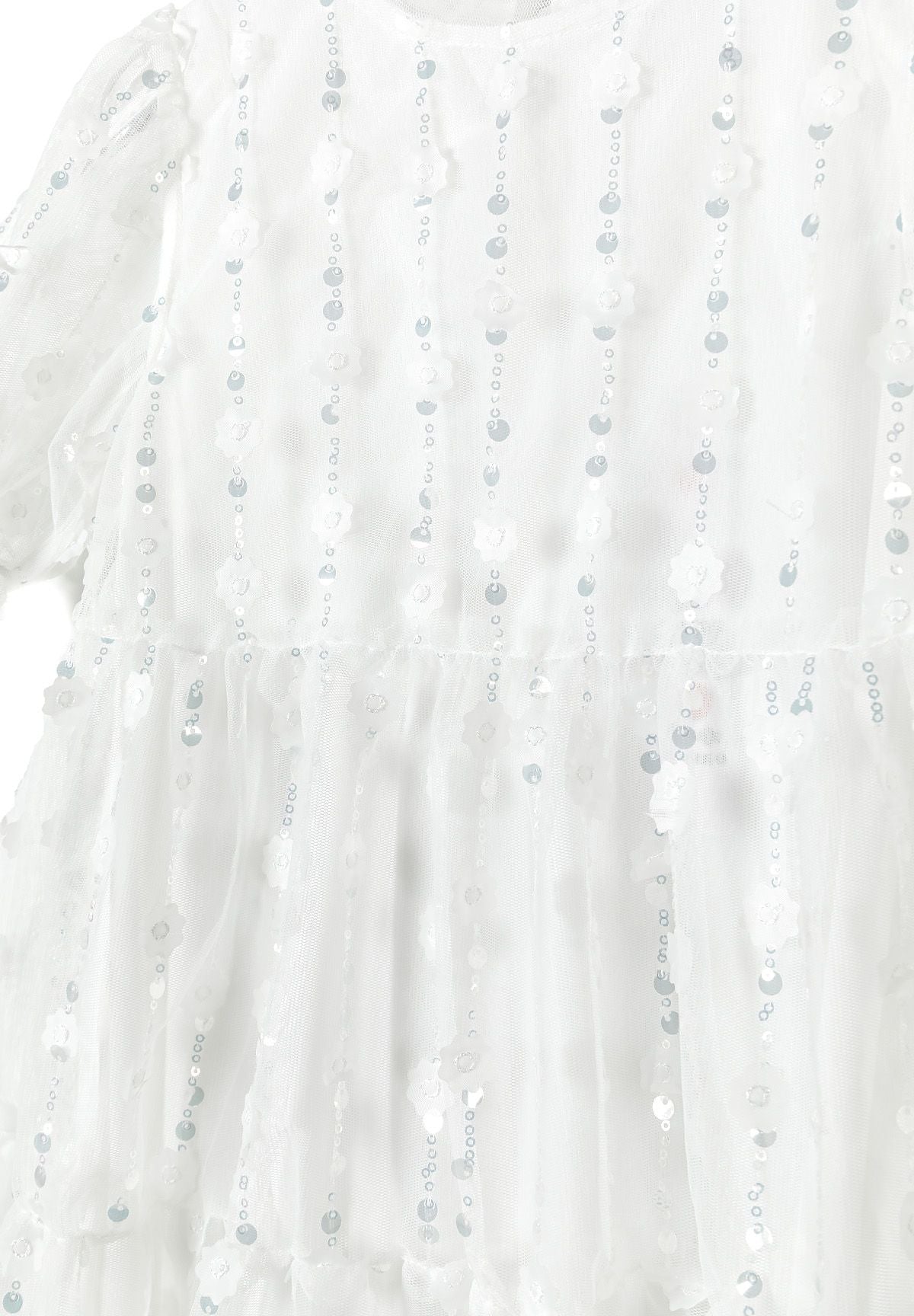 Detail of a girls' white short sleeve dress with sequin flower embellishments.