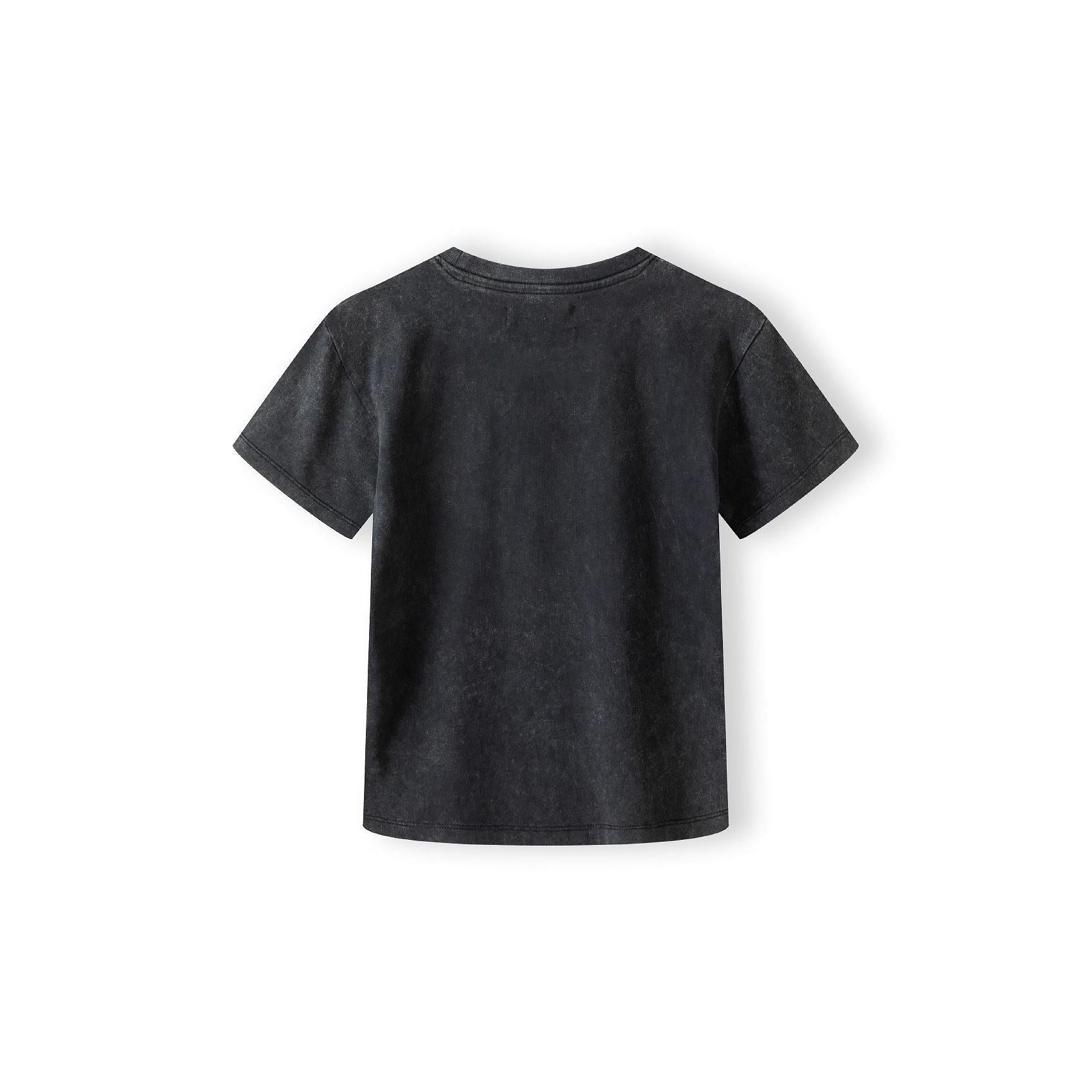 Back view of washed grey fleece t-shirt showing plain design and comfortable short sleeves against white background