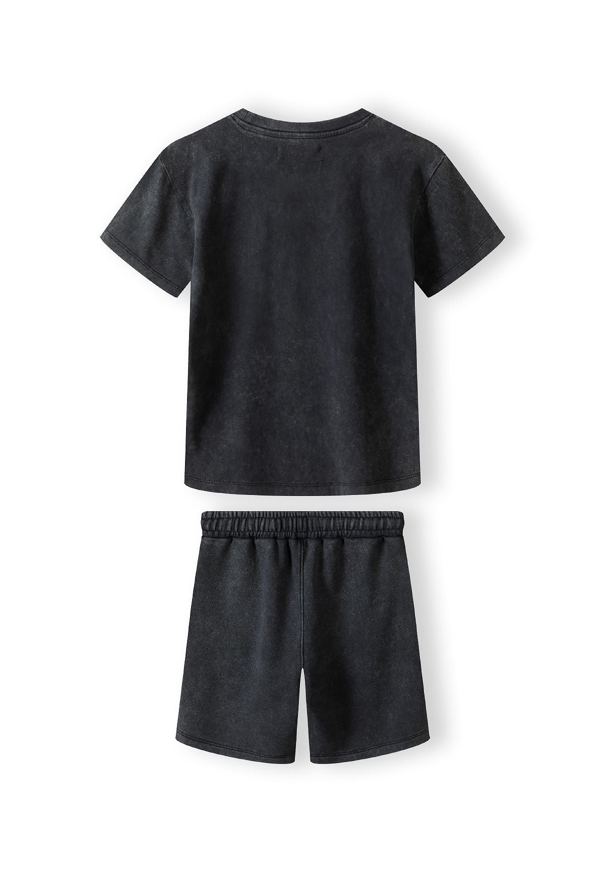 Boys short sleeve t-shirt and shorts set in grey, back view, featuring elasticated waistband and pockets.
