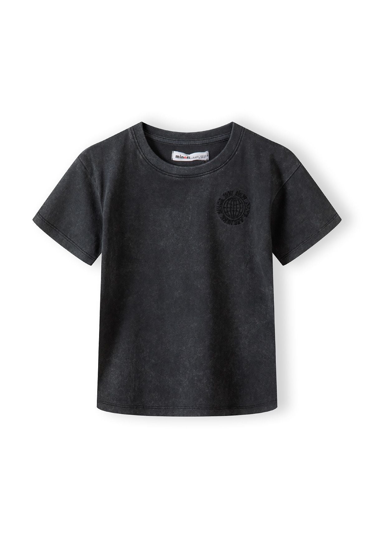 Boys short sleeve t-shirt in grey with printed detail, front view.